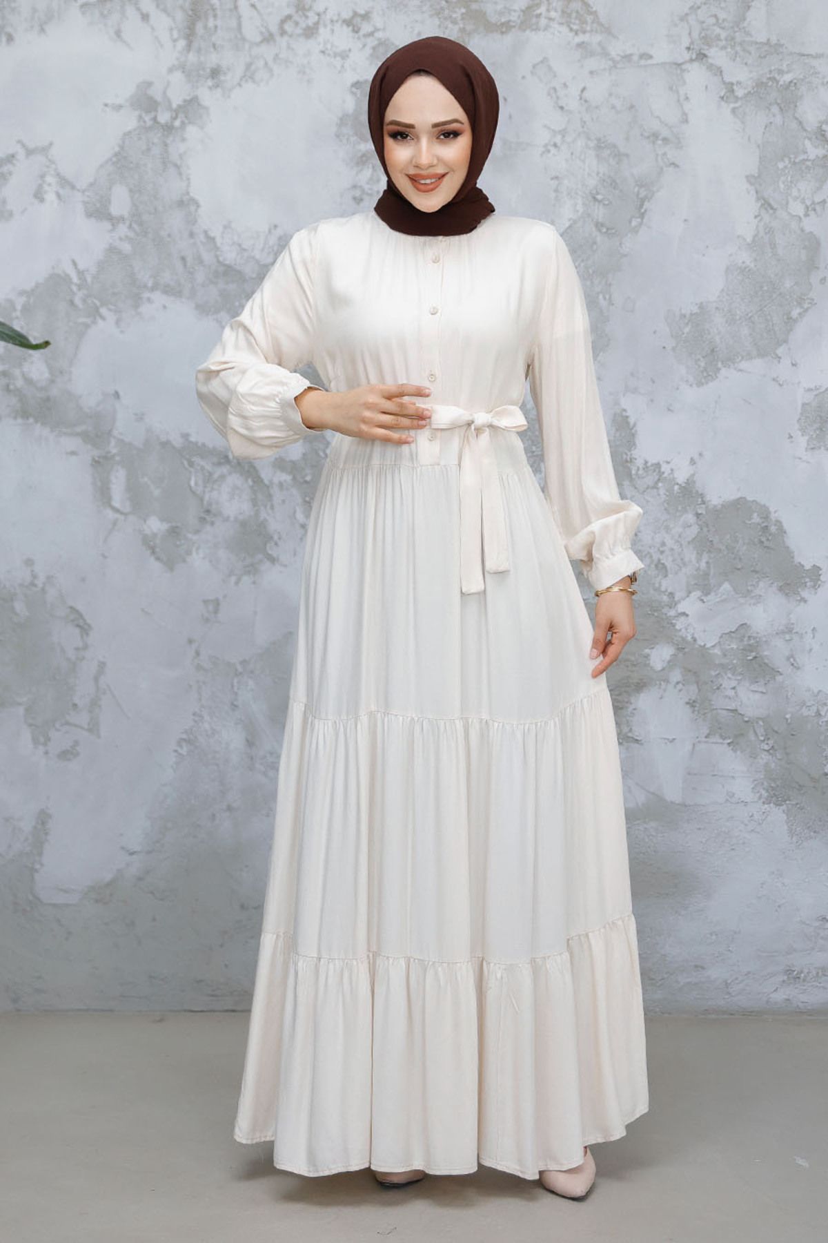 Neva Style-Beige Hijab Dress - Layered Pleated, Model 22042Beige 1