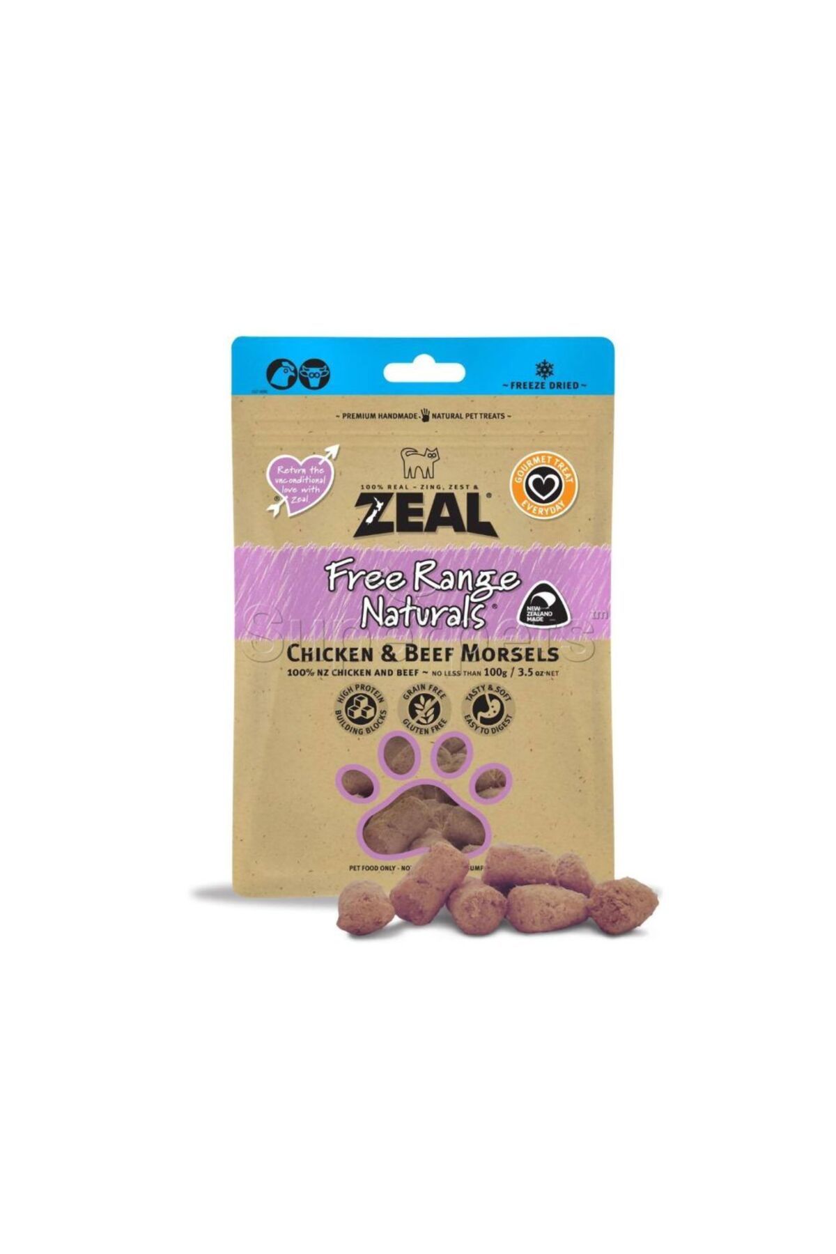 ZEAL-مكافآت القطط من فري رينج ناتشورالز - قطع دجاج ولحم بقر مجففة - 100 جرام 1