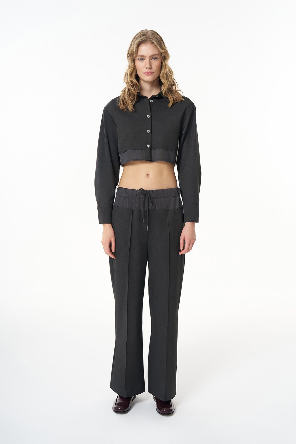Quzu-Dark Gray Wide Leg - Waist Fabric Match Trousers 4