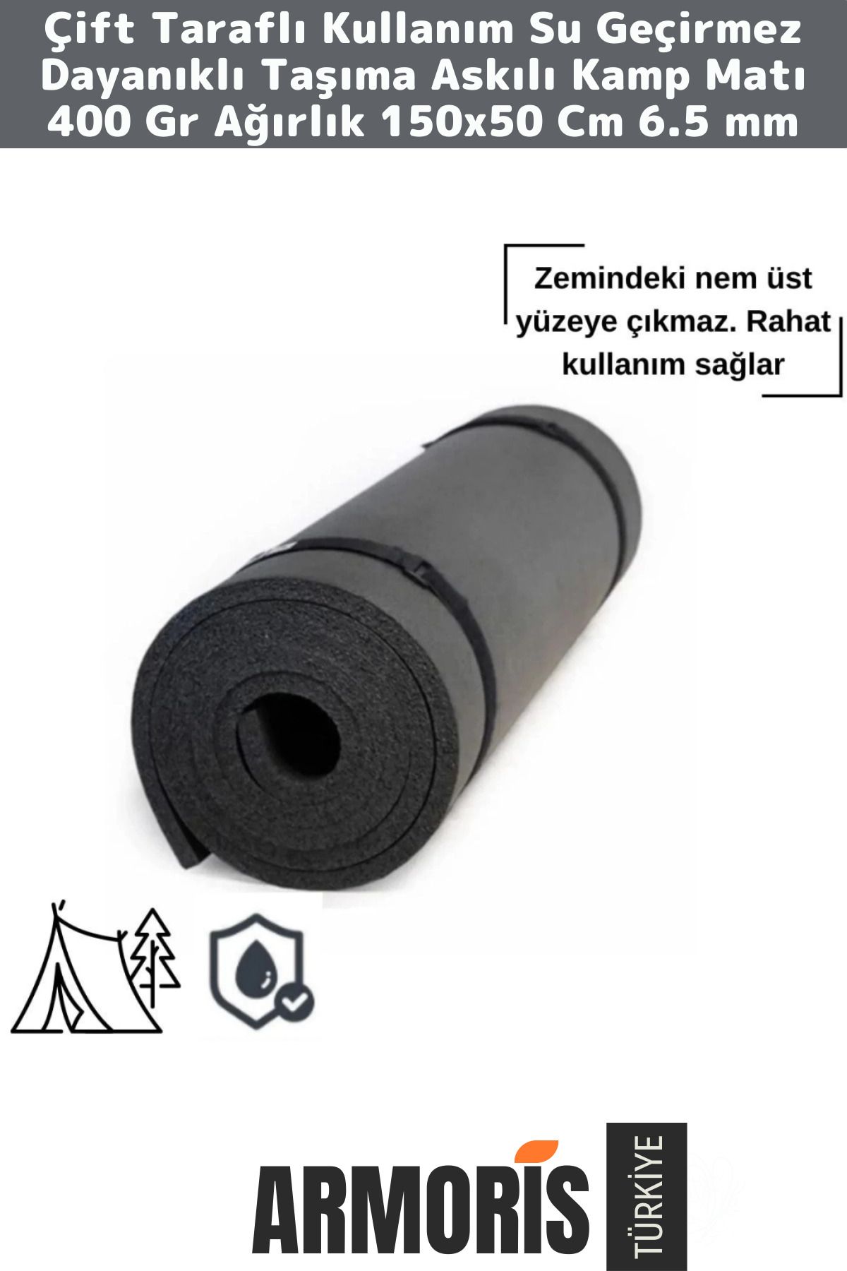 Armoris Konfor Modeli Su Geçirmez Taşıma Askılı Çift Taraflı Kamp Zemin Çadır Uyku Matı Siyah Yer Minderi