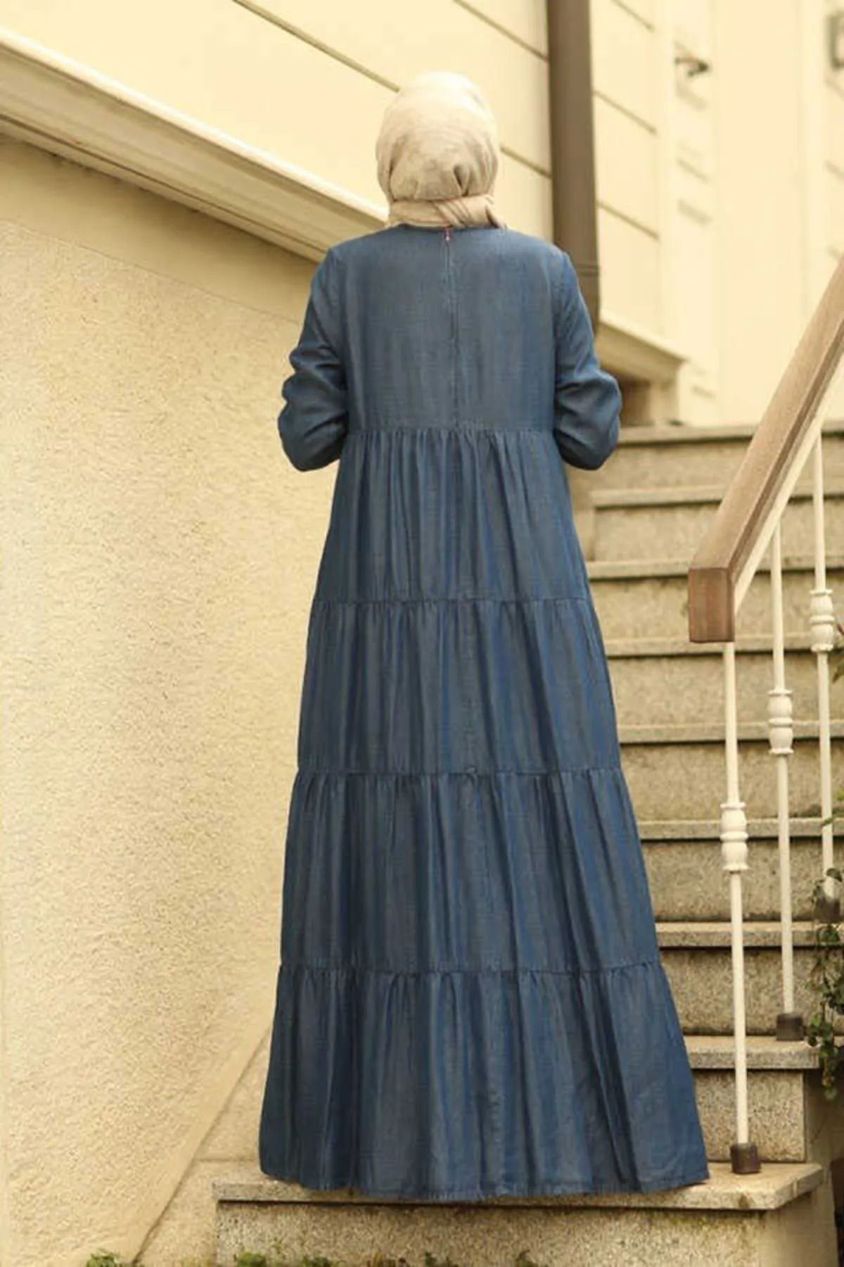 Neways-6400-denim rochie țigănească adunată Albastru închis 4
