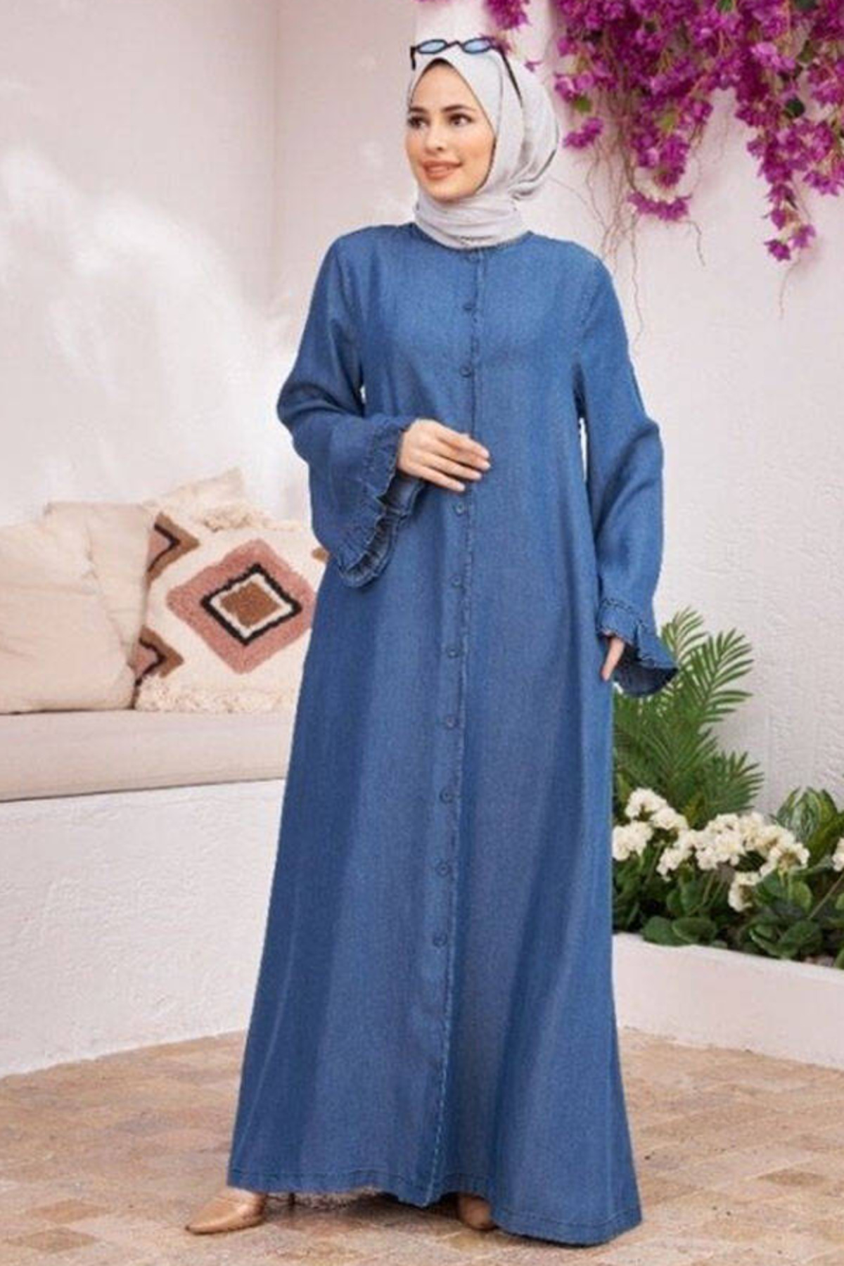 Neways 6587-Denim Düğmeli Kolları Fırfırlı Ferace Koyu Mavi