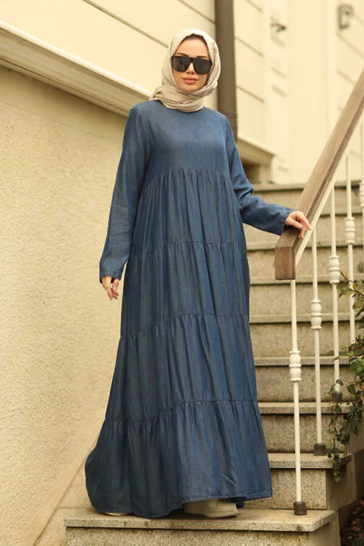 Neways-6400-denim rochie țigănească adunată Albastru închis 2