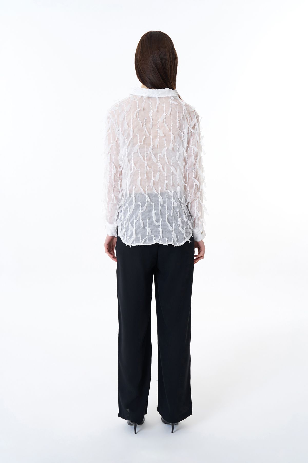 Quzu-White Chiffon Shirt - Feather Detail 5