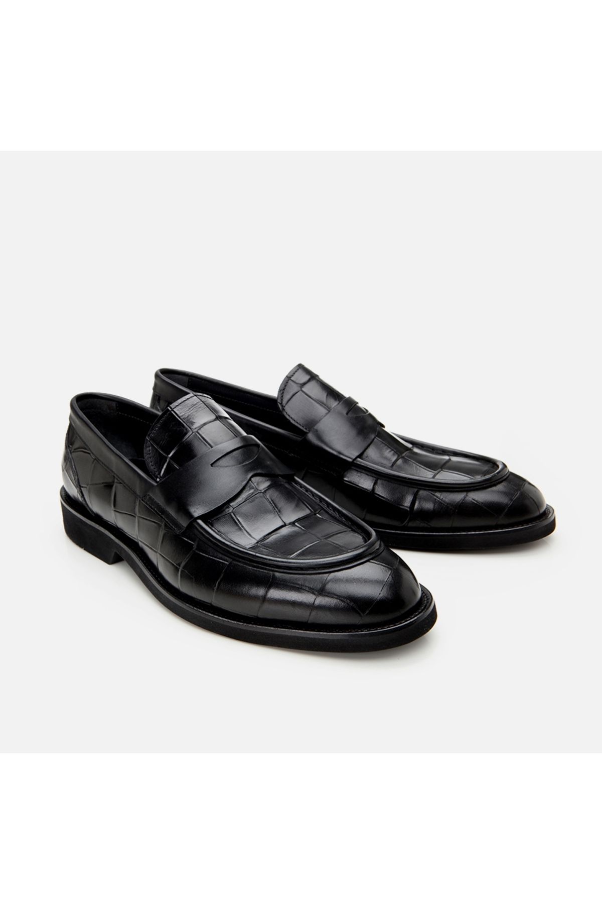 Hotiç-Genuine Leather Black Men's Crocodile Pattern Loafer 2