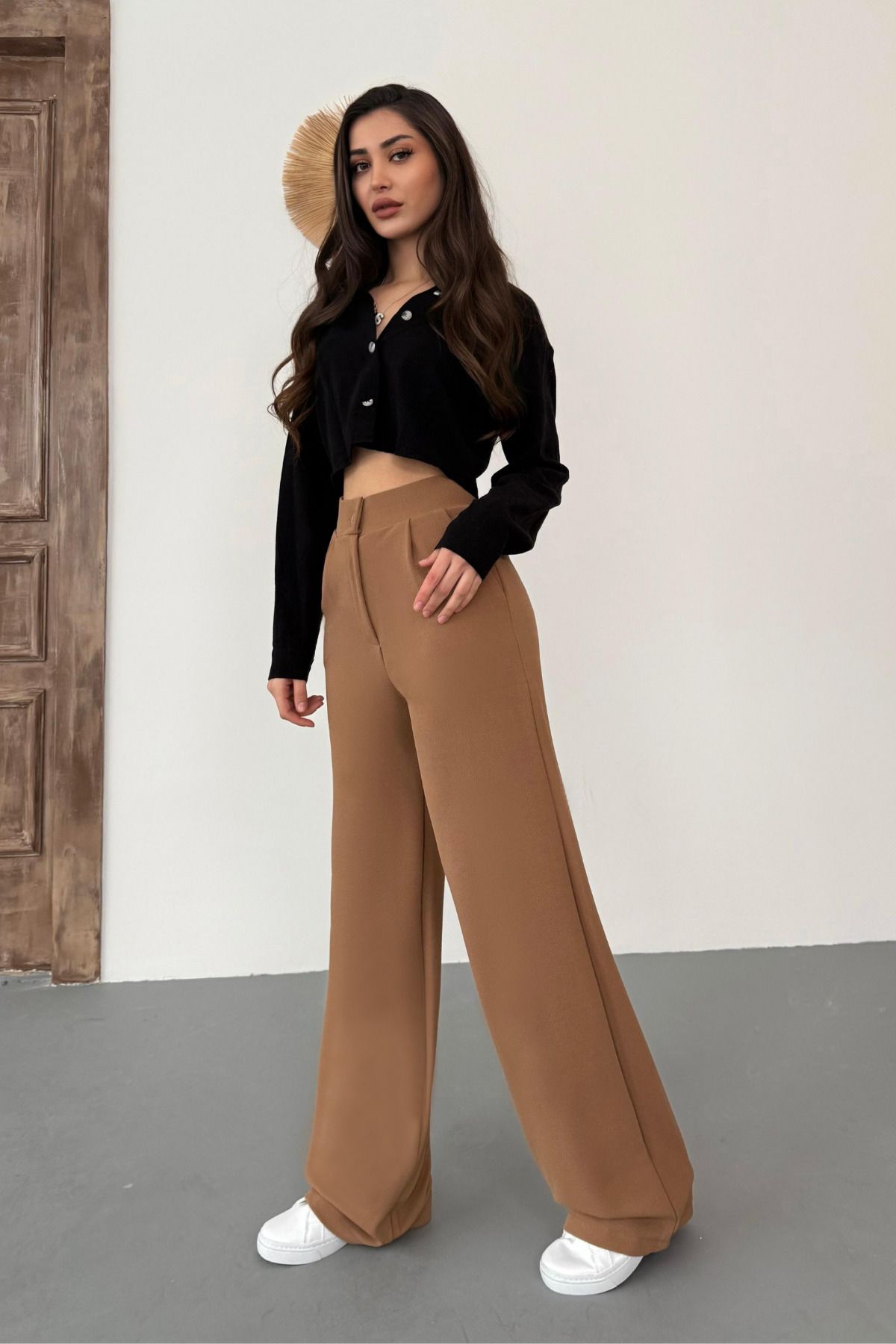 BİKELİFE-Γυναικείο παντελόνι Tan Lycra Palazzo Loose Wide Leg 6