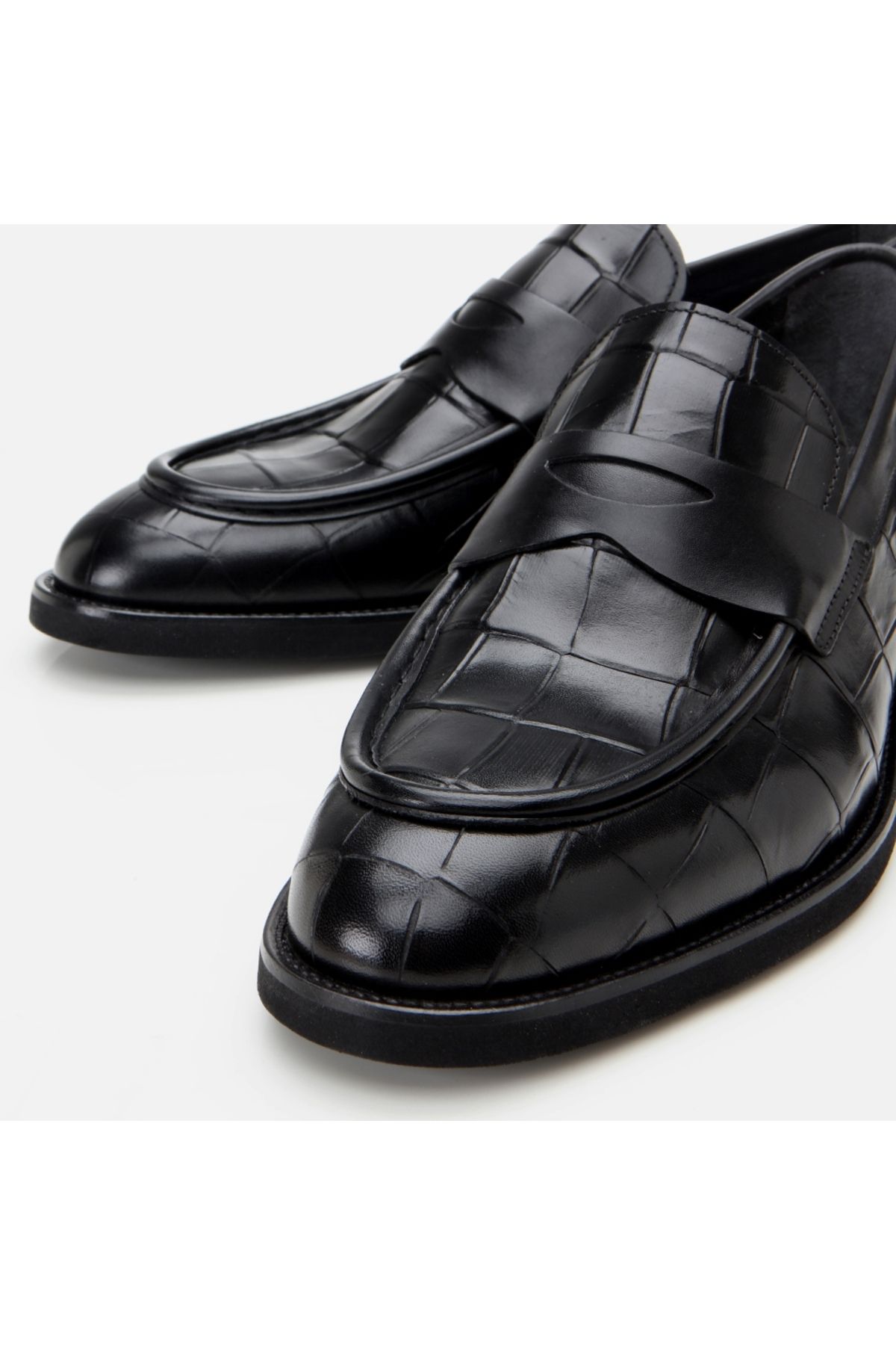 Hotiç-Genuine Leather Black Men's Crocodile Pattern Loafer 4