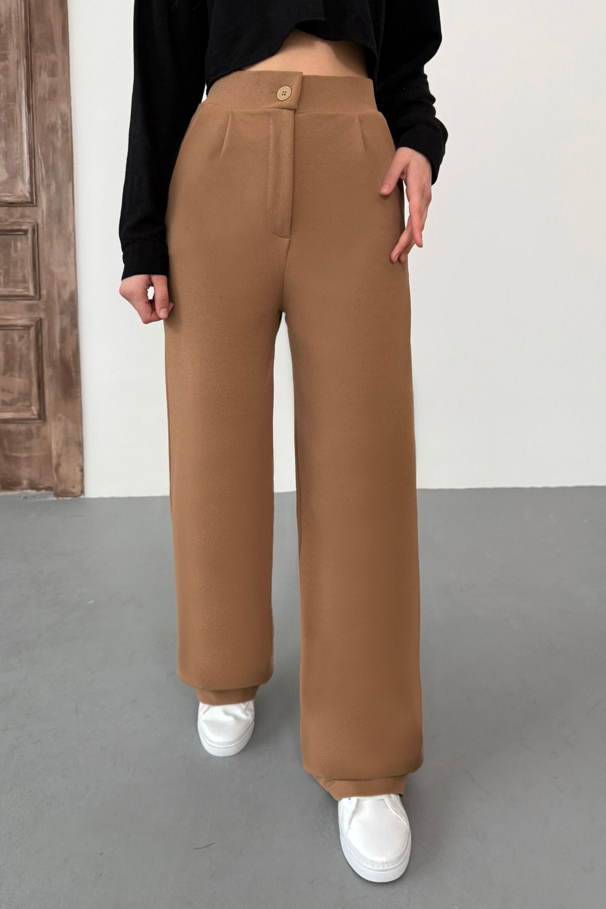 BİKELİFE-Γυναικείο παντελόνι Tan Lycra Palazzo Loose Wide Leg 7