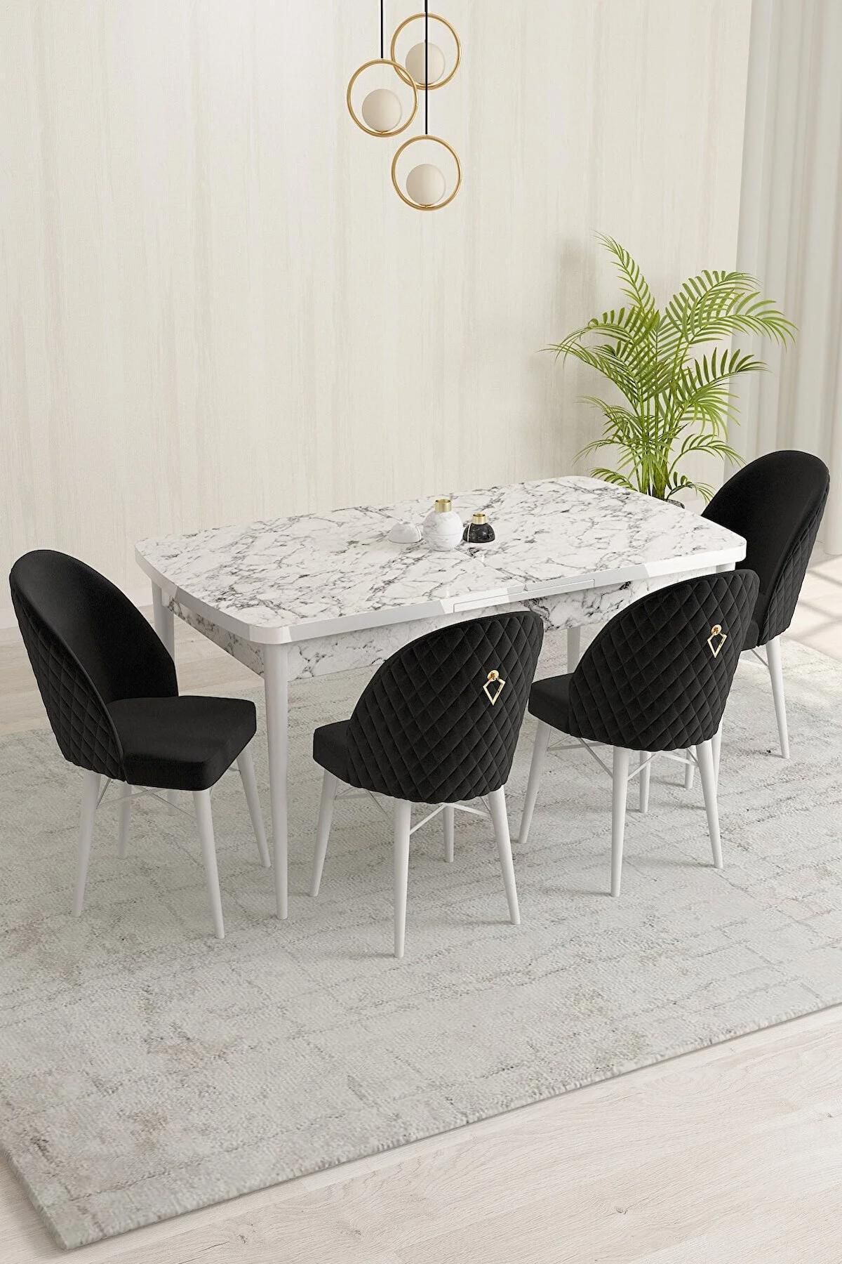 Liora Serisi Beyaz Mermer 70x114 Açılabilir Mdf Mutfak Masası Takımı 4 Adet Siyah Sandalye-0