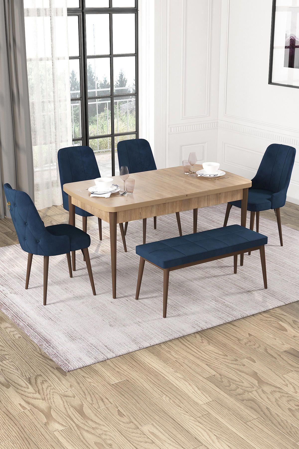Alya Serisi Meşe 80x132 Açılabilir Mdf Mutfak Masası Takımı 4 Adet Lacivert Sandalye +1 Bench