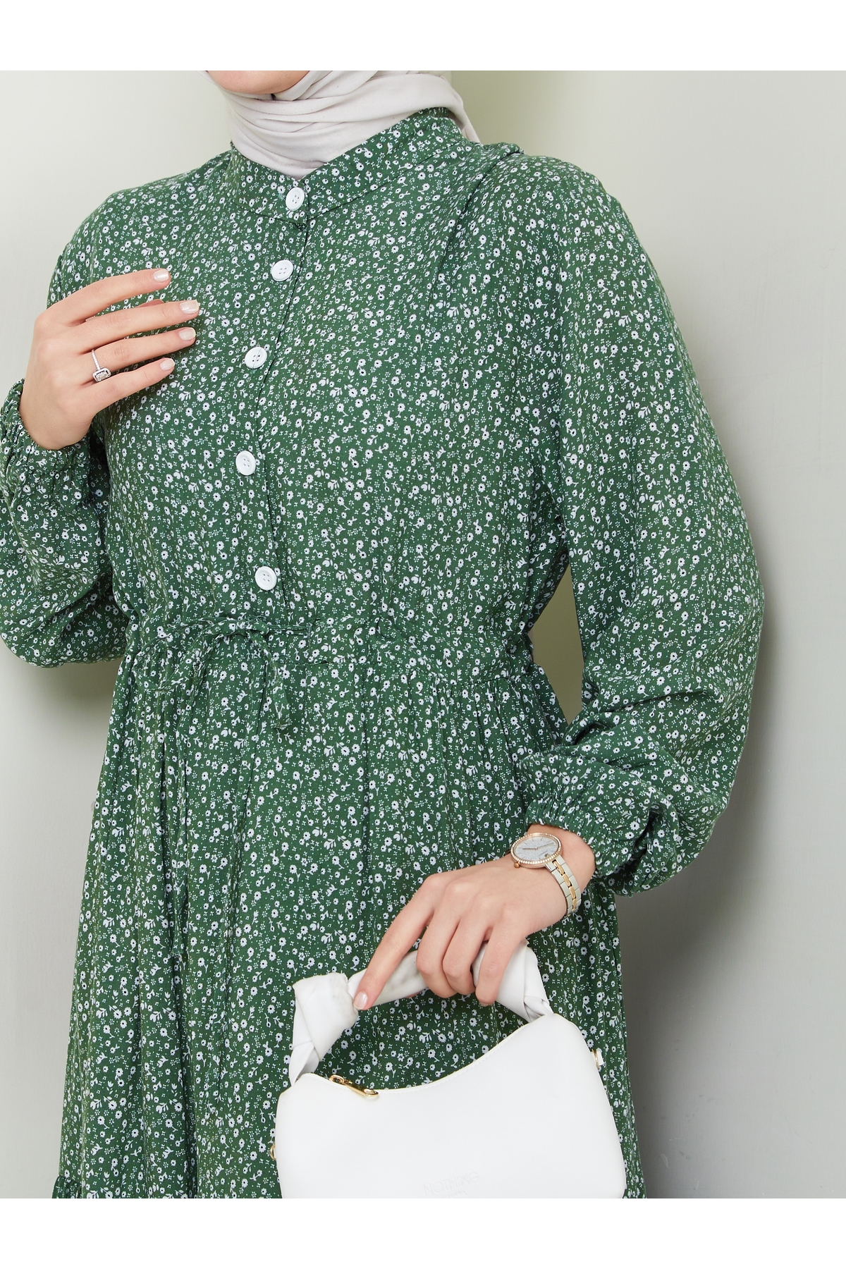 Nevayla Moda  Düğme Detaylı Çiçekli Viskon Elbise - Haki / E0123 - Görsel 6