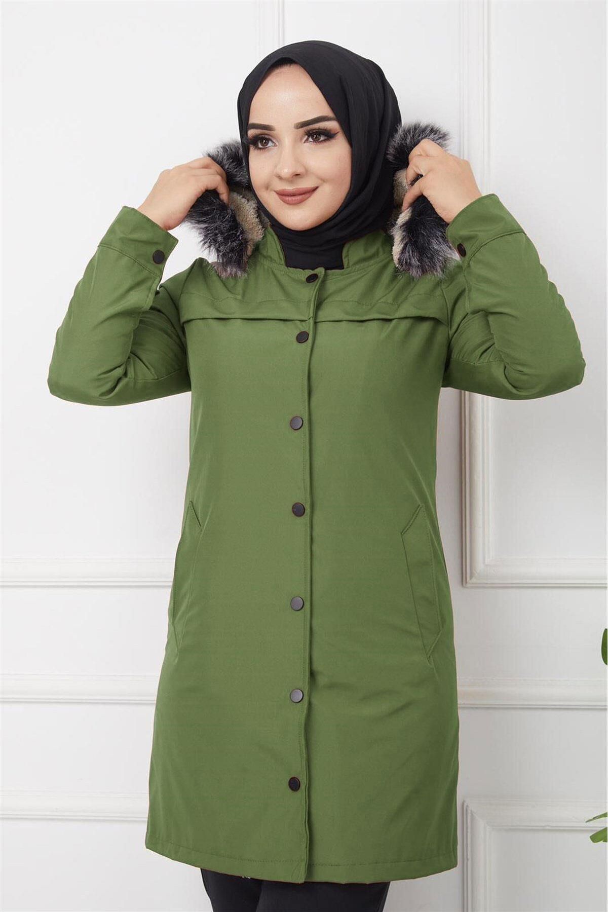 hafsamina-Khaki Bondit Coat - Snap Front, Hm2090 4