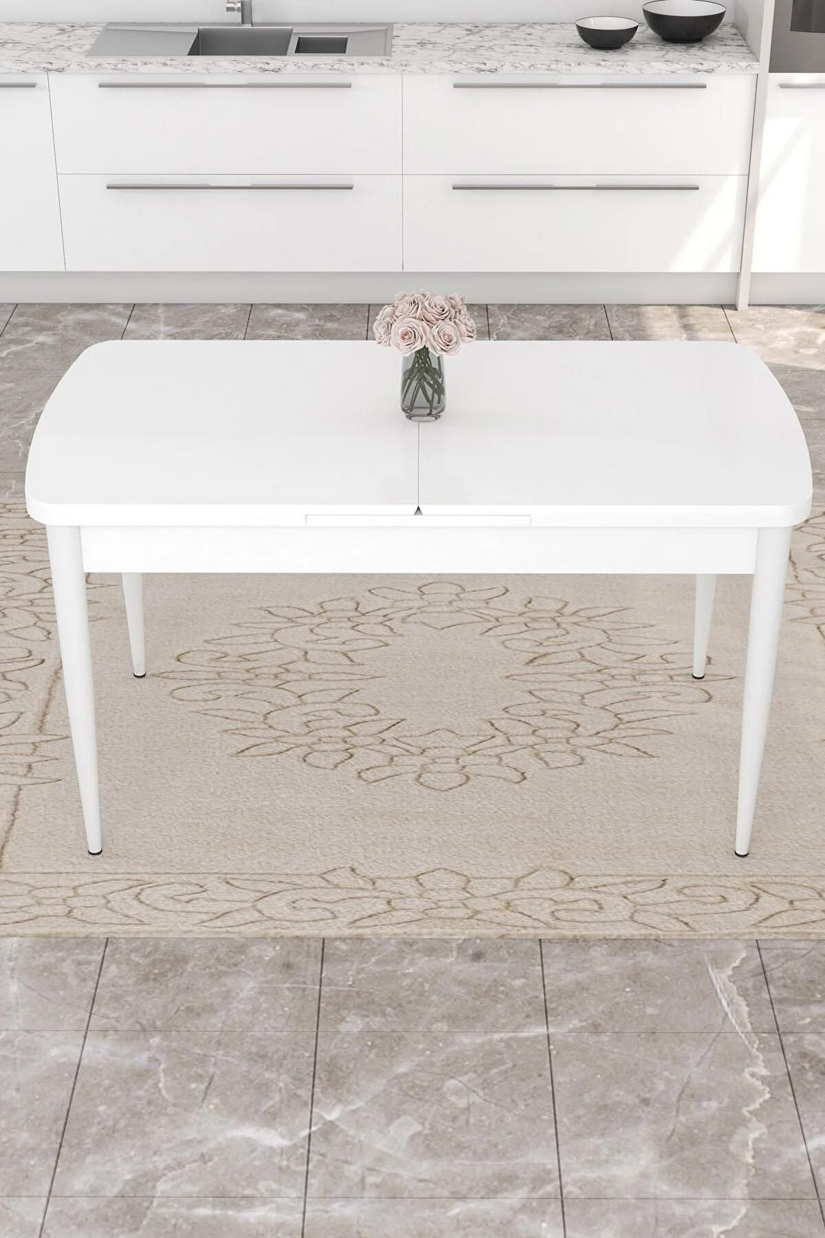 Mona Serisi Beyaz 80x132 Açılabilir Mdf Mutfak Masası Takımı 6 Adet Lacivert Sandalye-2