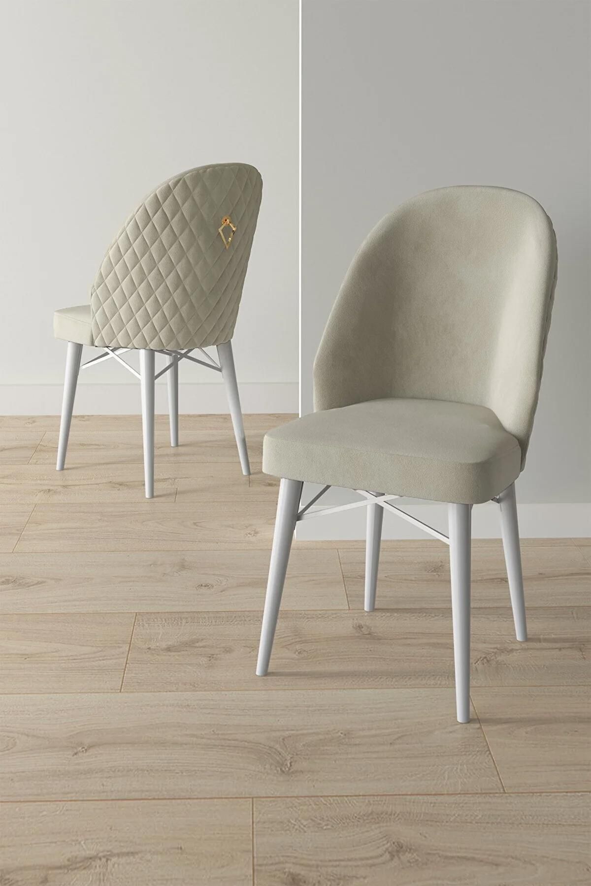 Liora Serisi Beyaz Mermer 80x132 Açılabilir Mdf Mutfak Masası Takımı 6 Adet Krem Sandalye-3