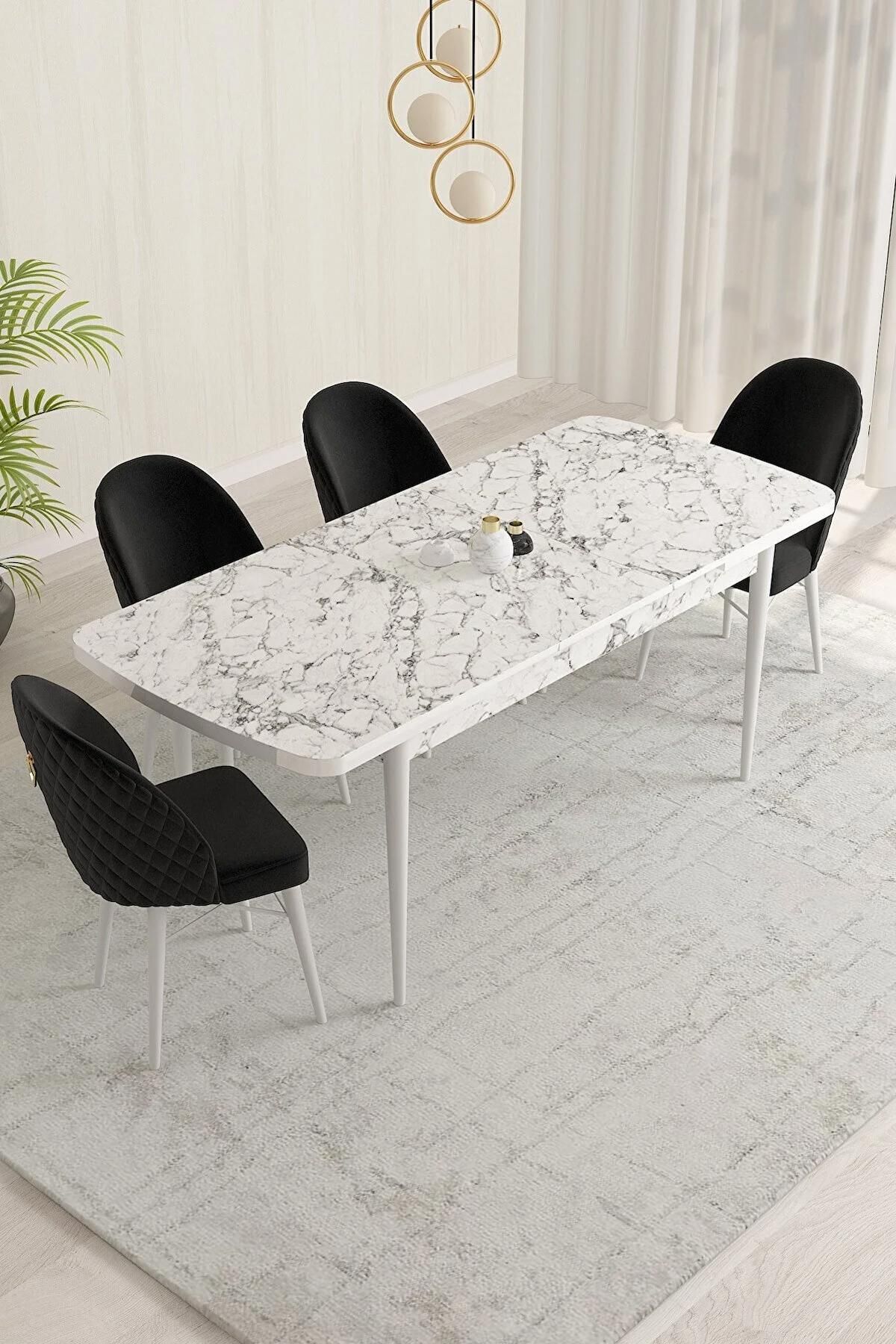 Liora Serisi Beyaz Mermer 70x114 Açılabilir Mdf Mutfak Masası Takımı 4 Adet Siyah Sandalye-1