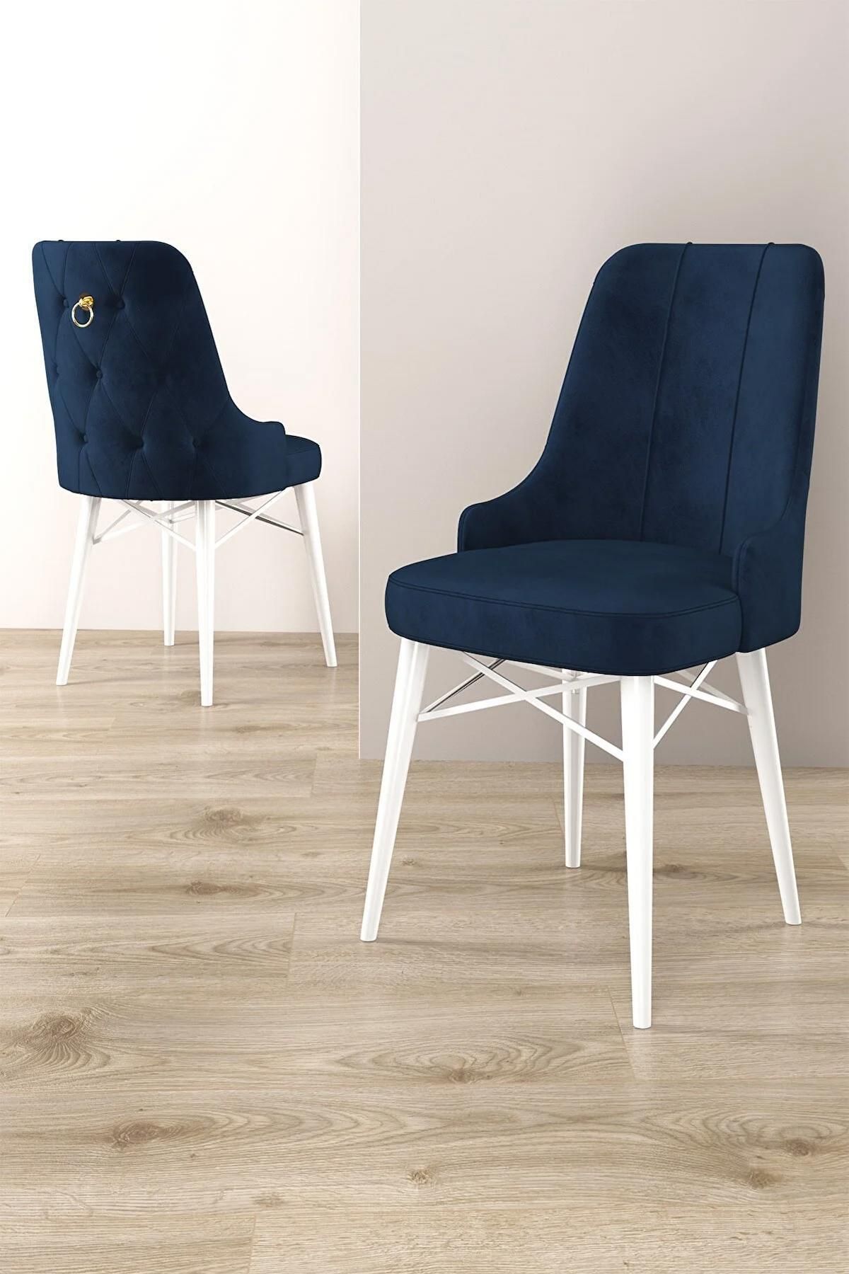 Mona Serisi Beyaz 80x132 Açılabilir Mdf Mutfak Masası Takımı 6 Adet Lacivert Sandalye-3