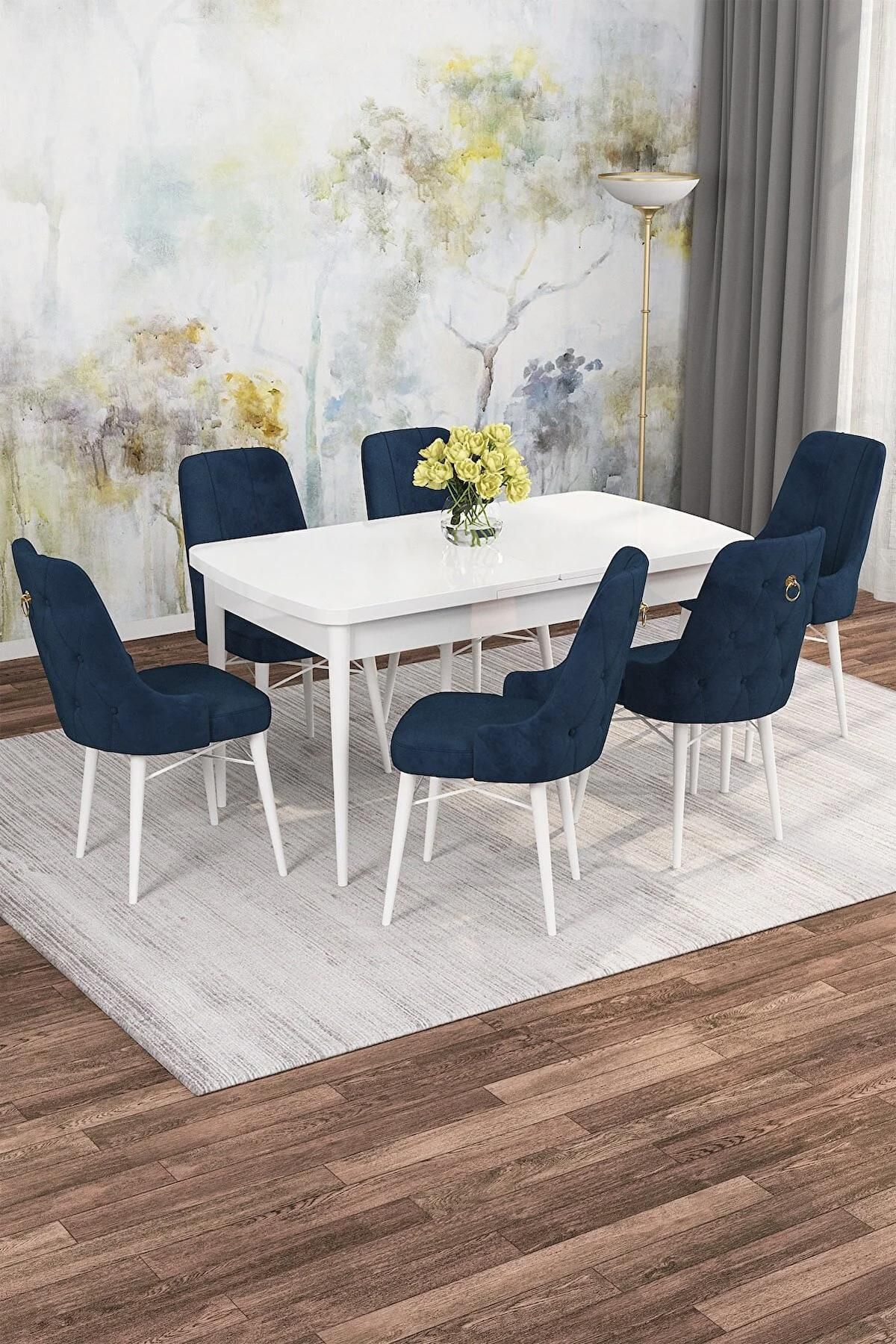 Mona Serisi Beyaz 80x132 Açılabilir Mdf Mutfak Masası Takımı 6 Adet Lacivert Sandalye-0