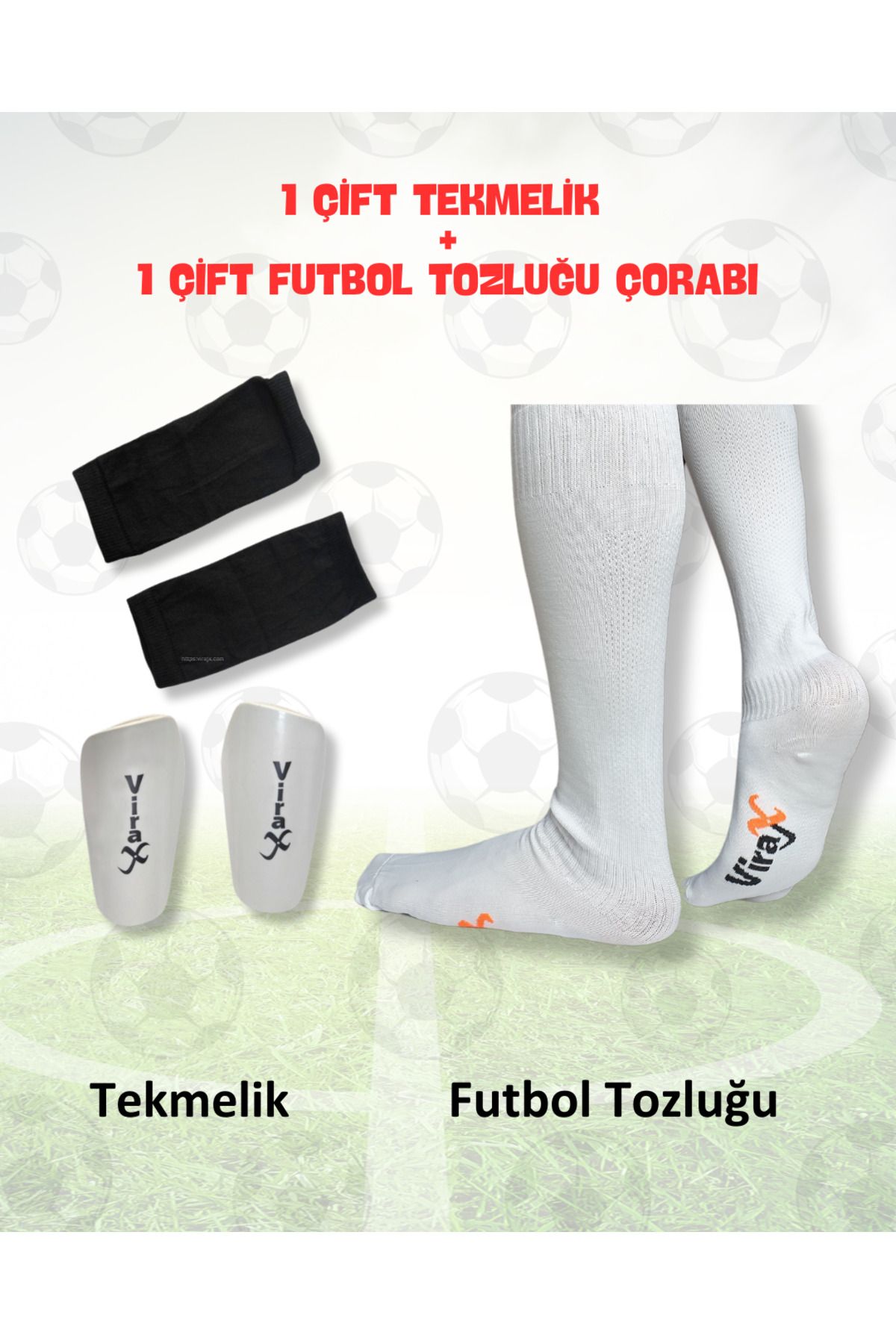 virajx Futbol Uzun Tozluk(Çorap) ve Kaval Koruyucu Tekmelik Antrenman Seti (Beyaz)