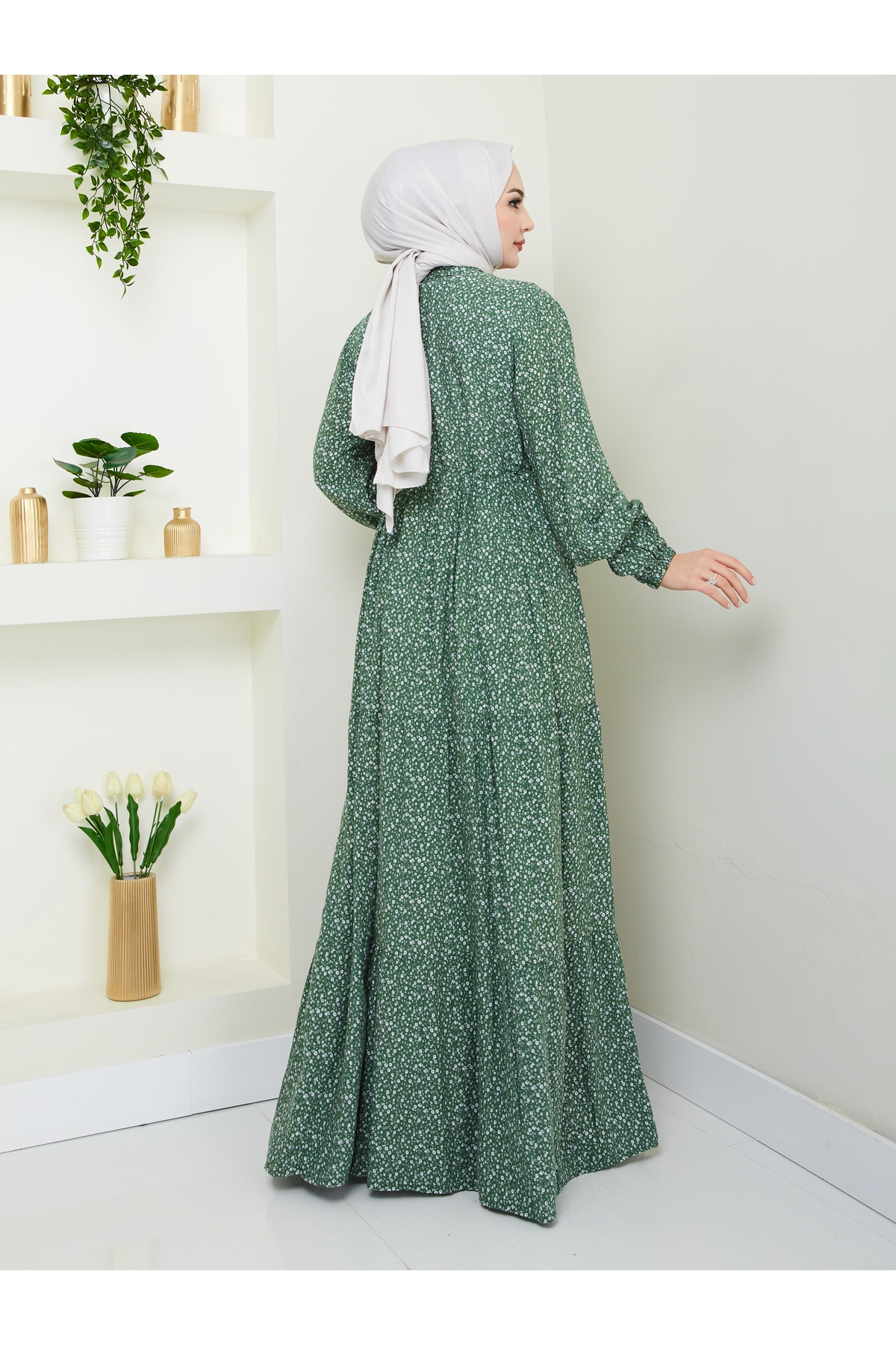 Nevayla Moda  Düğme Detaylı Çiçekli Viskon Elbise - Haki / E0123 - Görsel 5