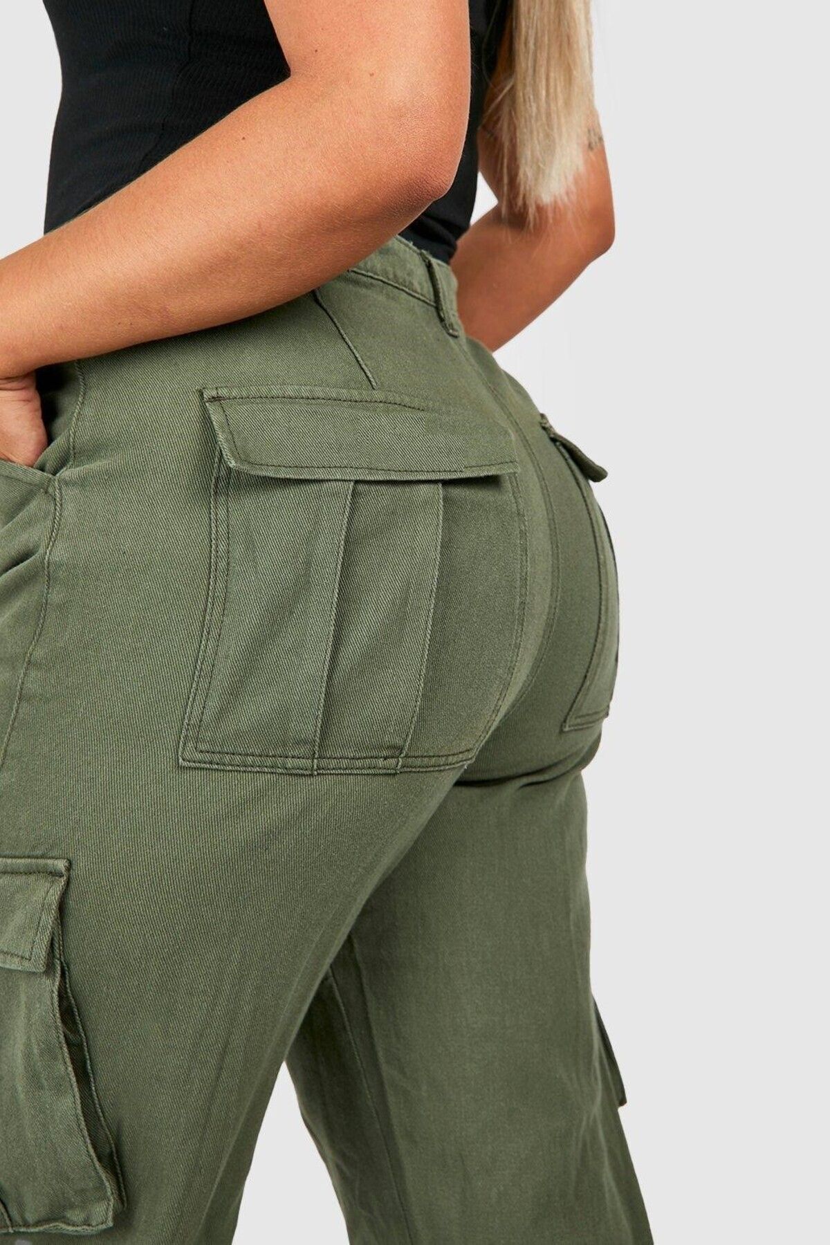 Şans-Women's Plus Size Khaki Gabardine Fabric Elastic Leg High Waist Cargo Pants 65N38740 3