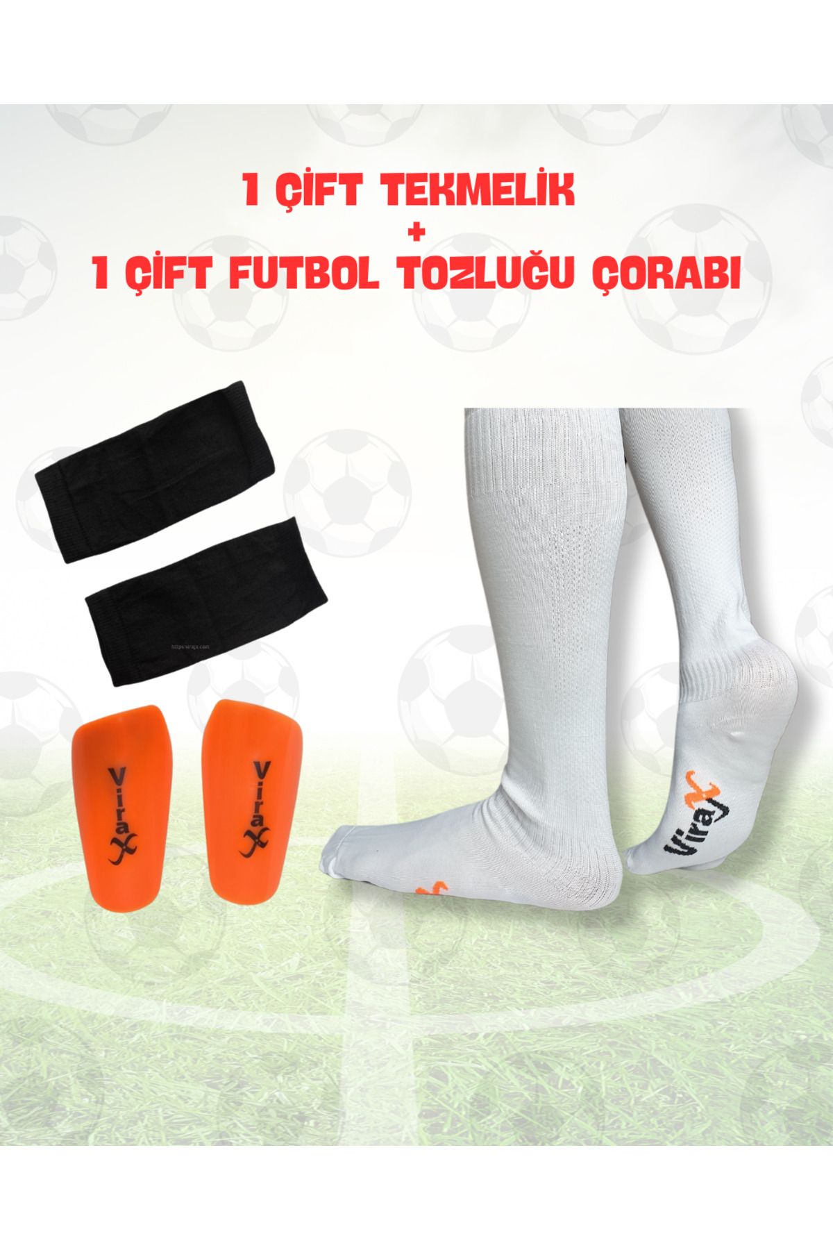 virajx Futbol Uzun Tozluk(Çorap) ve Kaval Koruyucu Tekmelik Antrenman Seti (Beyaz)