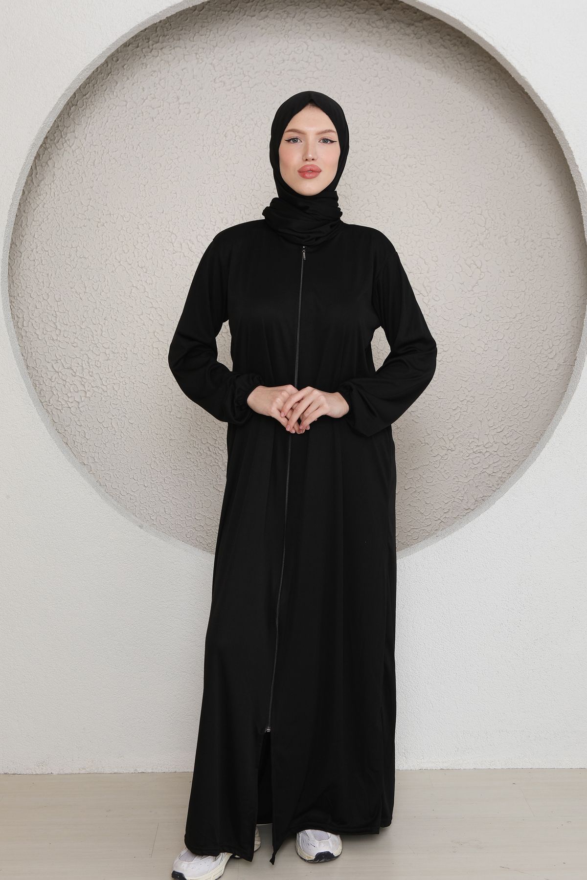 Kutay Collection-Solid Color Self Hijab Women's Prayer Dress with Zipper 1