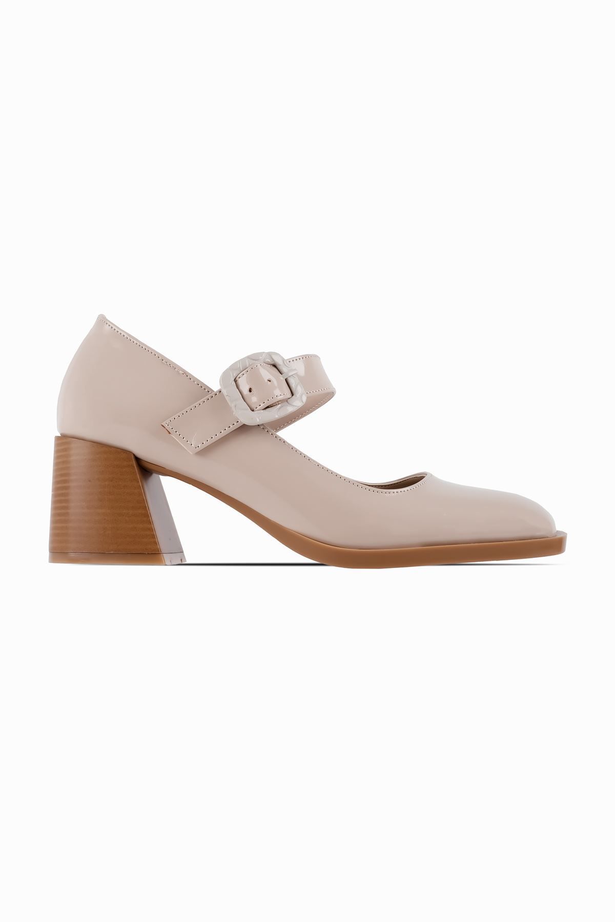 Lal Shoes & Bags-Connor Women's Blunt Toe Single Strap Detailed Heeled Shoes - Patent Leather Cream 1