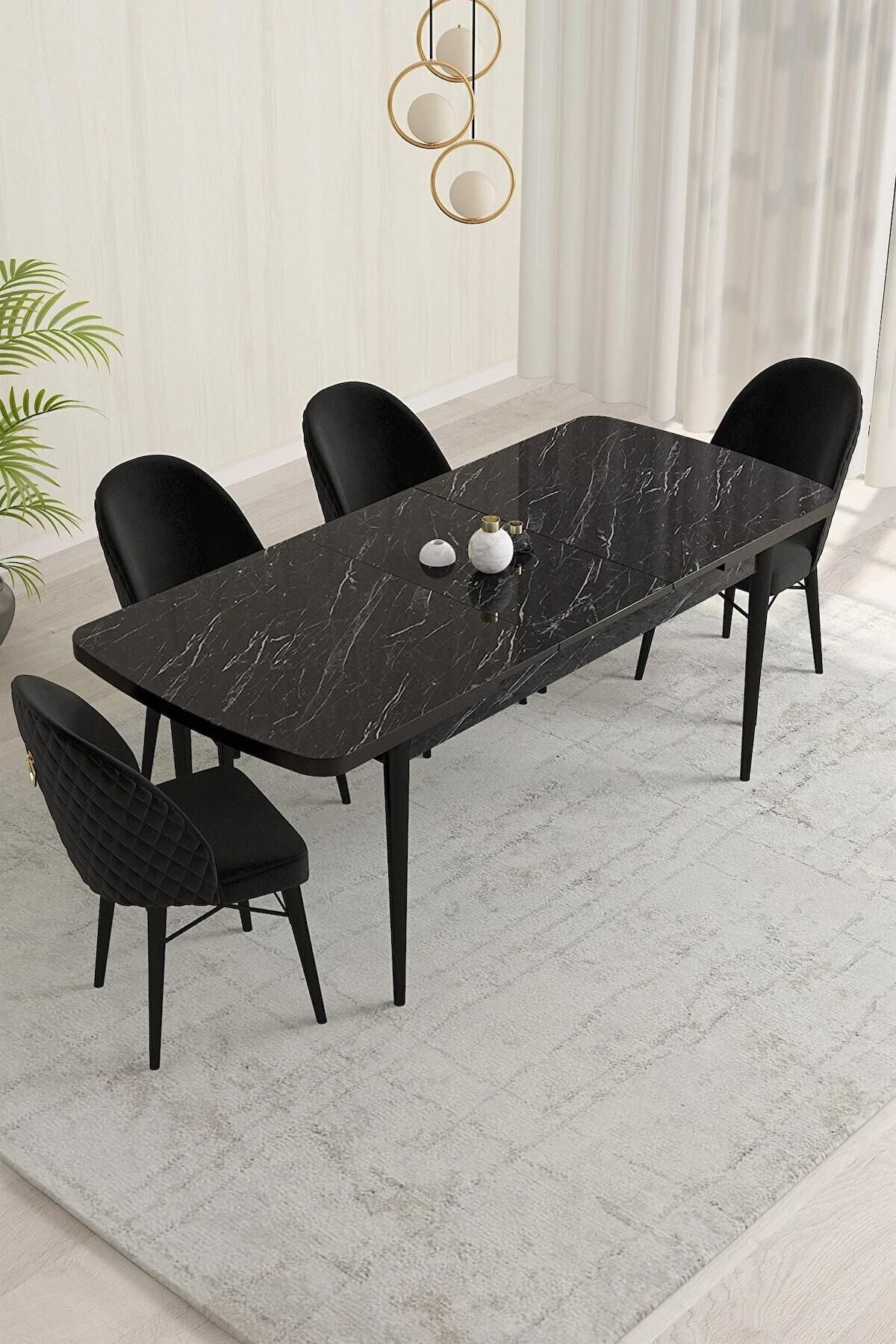 Liora Serisi Siyah Mermer 70x114 Açılabilir Mdf Mutfak Masası Takımı 4 Adet Siyah Sandalye-1