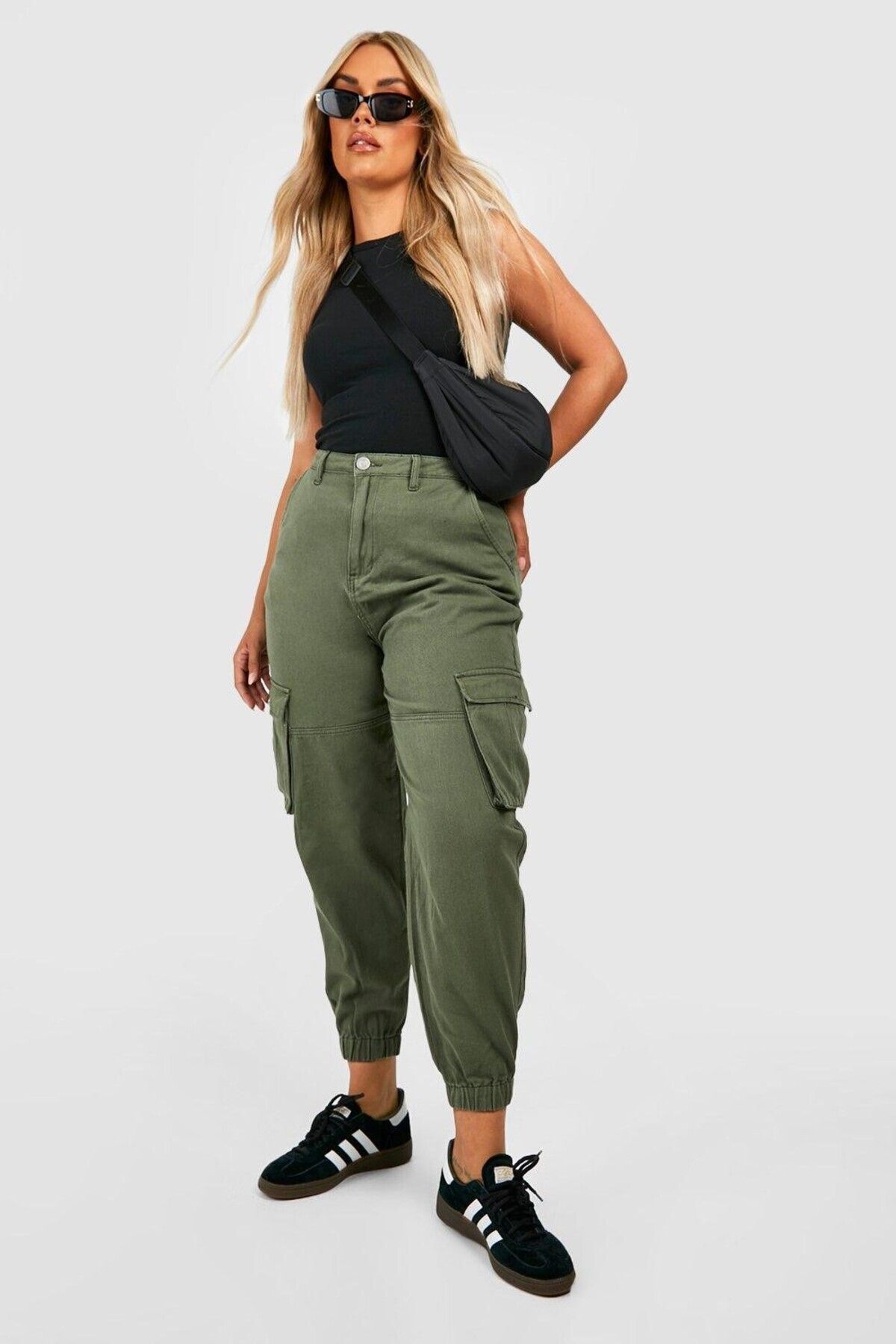 Şans-Women's Plus Size Khaki Gabardine Fabric Elastic Leg High Waist Cargo Pants 65N38740 5