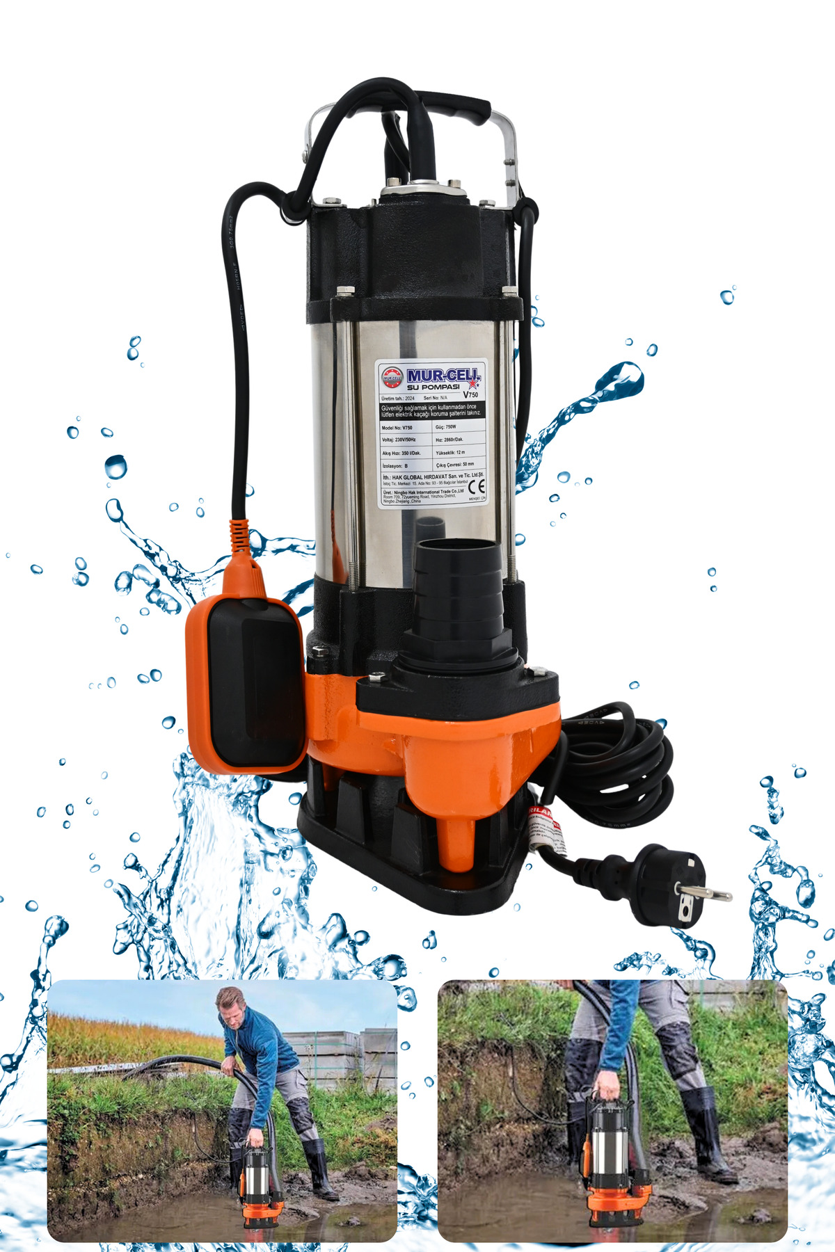 Mur-Cell V750f Bıçaksız Bakır Sargılı Drenaj Pompası Termik