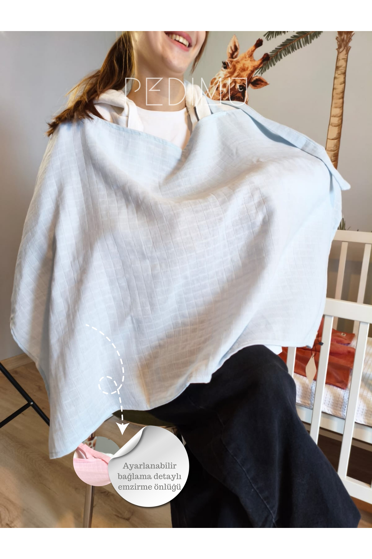Pedimu Müslin Emzirme Önlüğü 60x100 cm – %100 Pamuk, Nefes Alabilen, Ayarlanabilir, - Mavi Renk fotoğrafı 3 (önizleme)