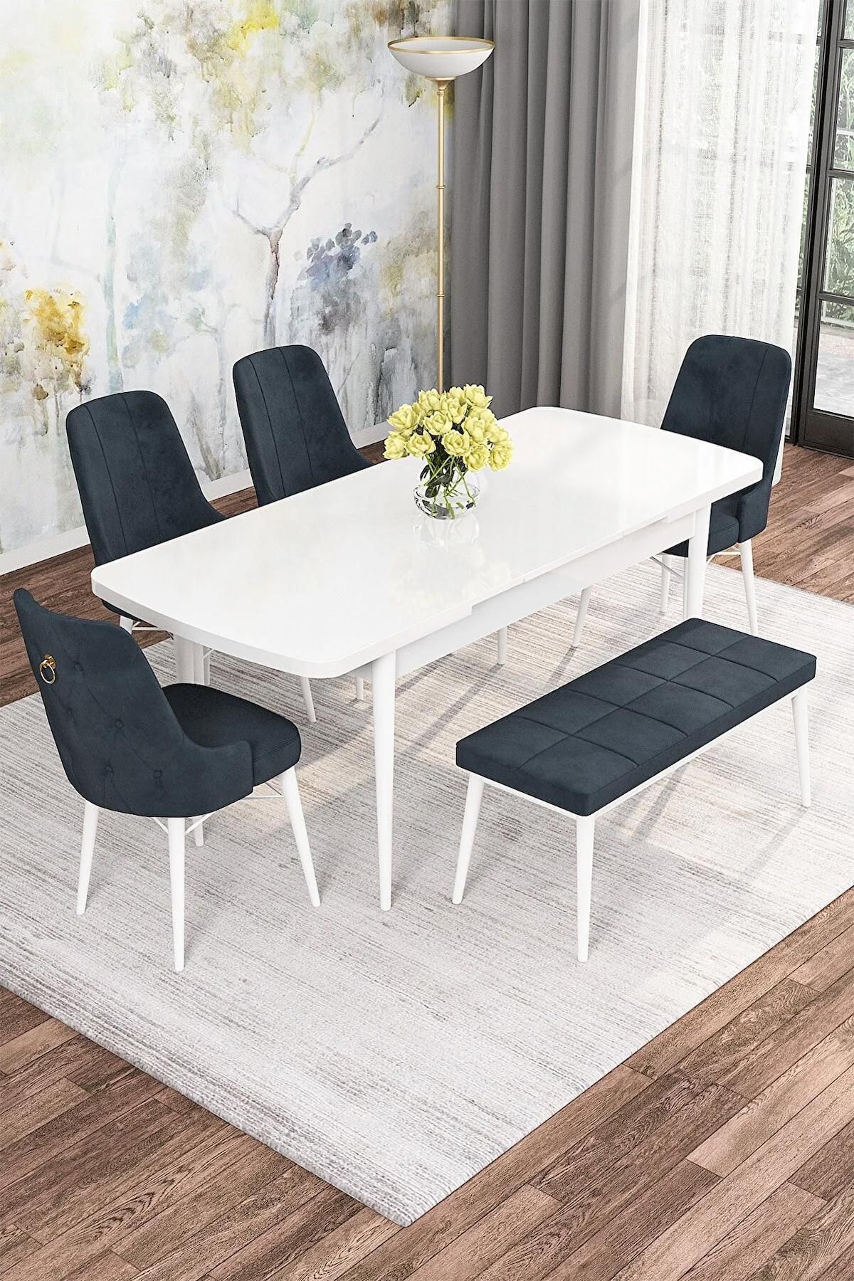 Mona Serisi Beyaz 80x132 Açılabilir Mdf Mutfak Masası Takımı 4 Adet Antrasit Sandalye+1 Bench-1