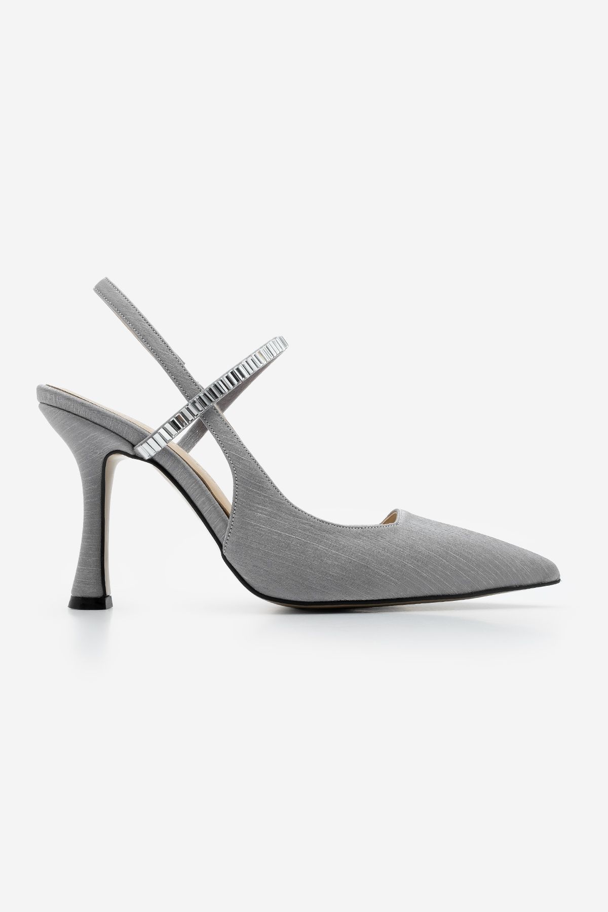 Marjin-Lovan Silver Satin Women's Stiletto - High Heels with Pointed Toe, Band and Stone Detail 2