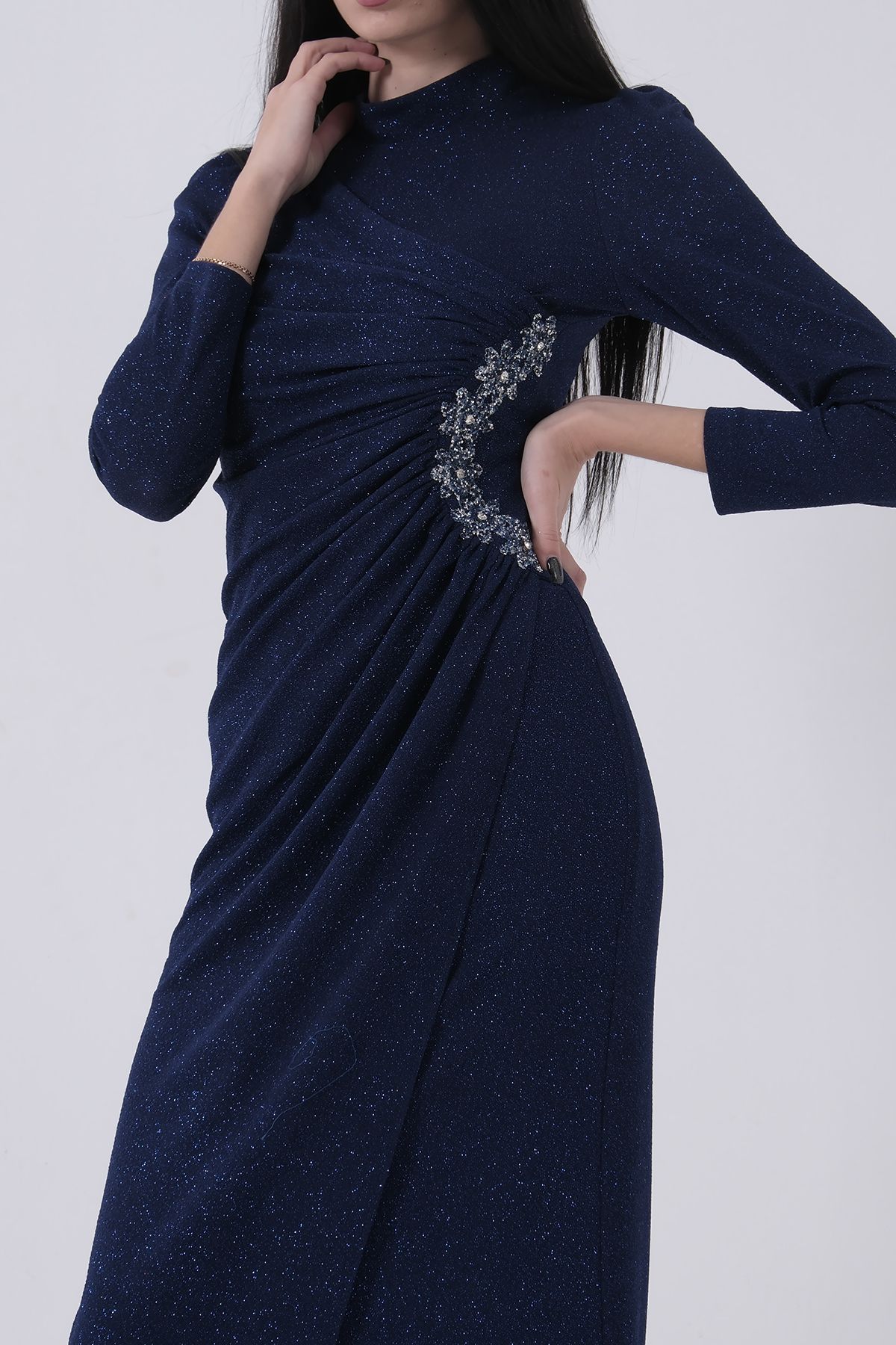 Feminist-Long Sleeve Hijab Evening Dress with Stone Detail on the Waist 08061261 8