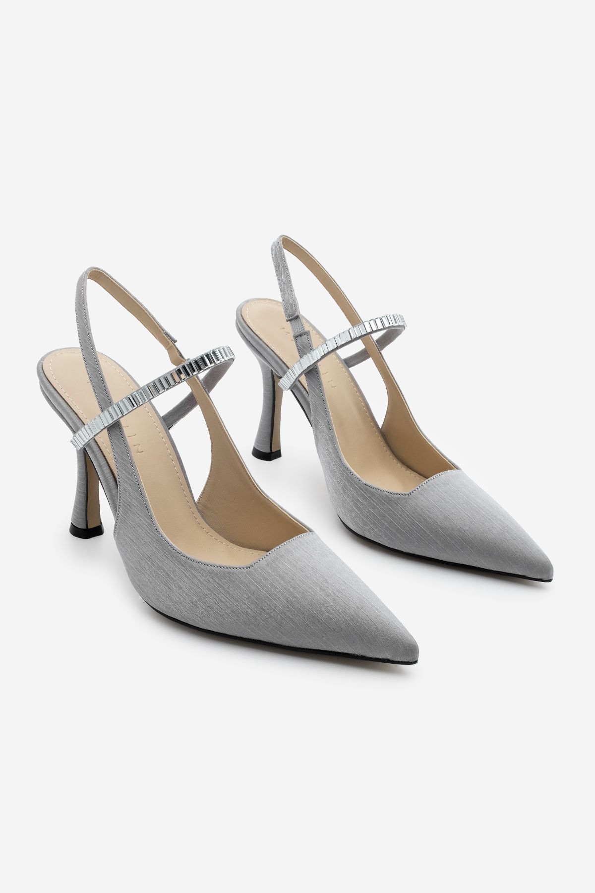 Marjin-Lovan Silver Satin Women's Stiletto - High Heels with Pointed Toe, Band and Stone Detail 3