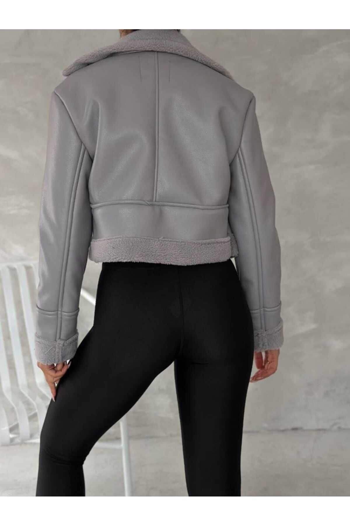 Pelin-Gray Leather Jacket with Fur Inside 5