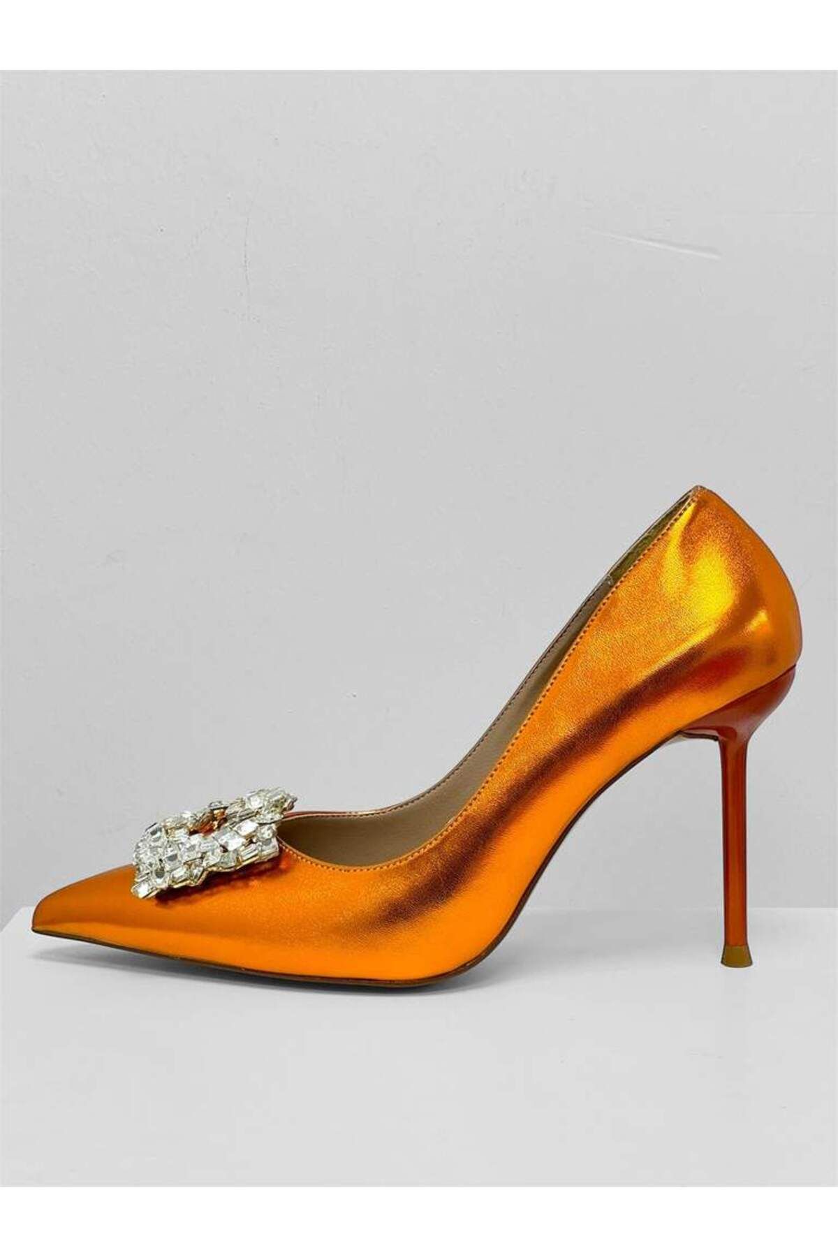 lescarpe-Bright Orange Matte Front Stone Detail Stiletto Pointed Toe Women's Heeled Shoes 5