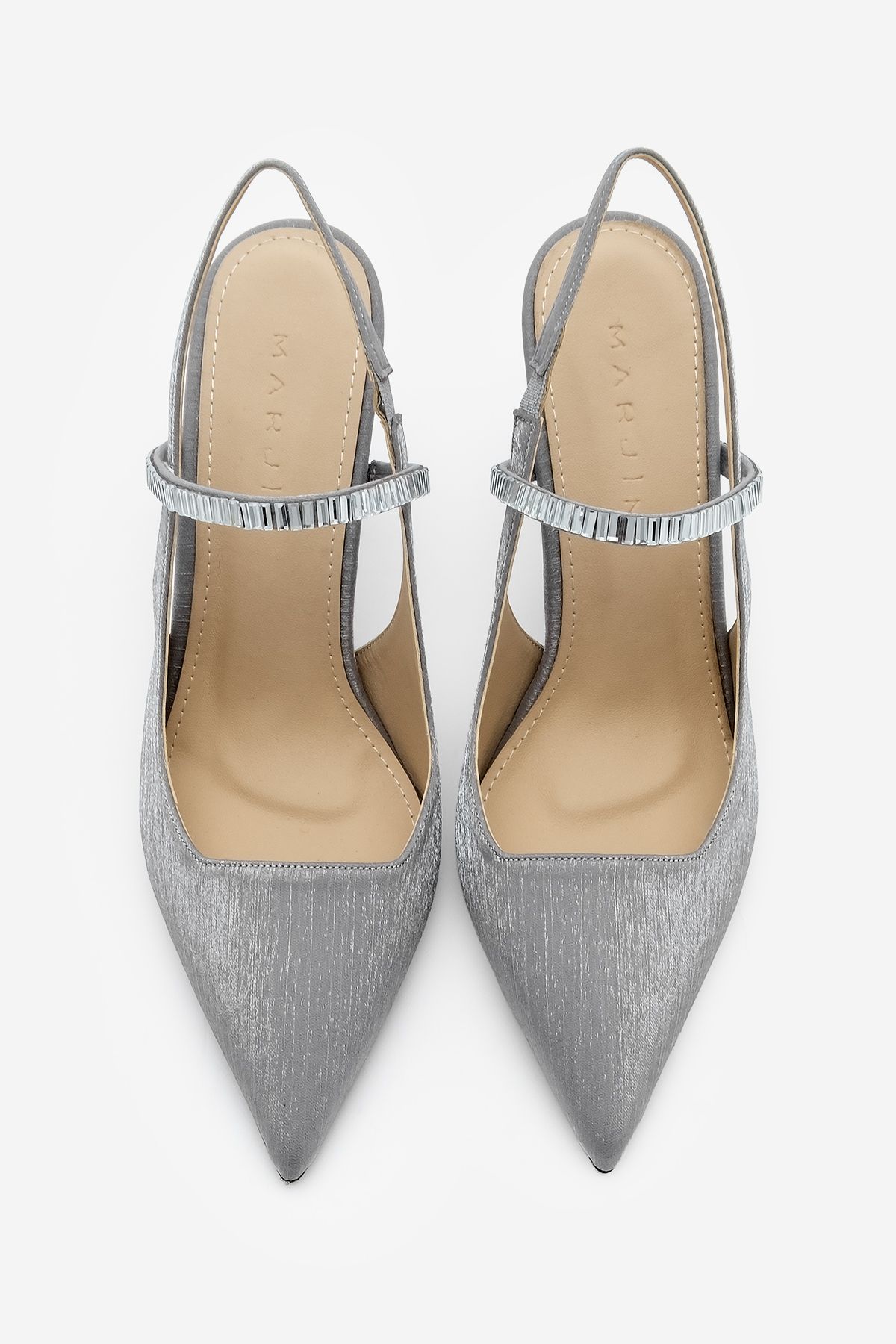 Marjin-Lovan Silver Satin Women's Stiletto - High Heels with Pointed Toe, Band and Stone Detail 4