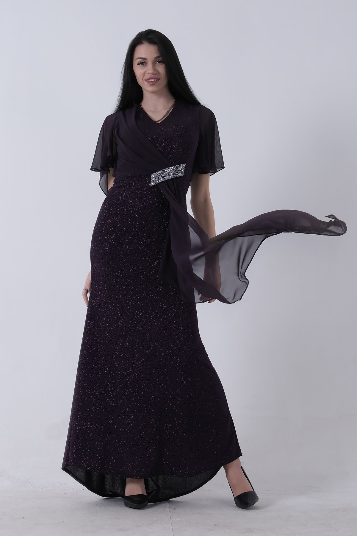 Feminist-Stone Detailed Half Sleeve Hijab Evening Dress Purple 08061271 1