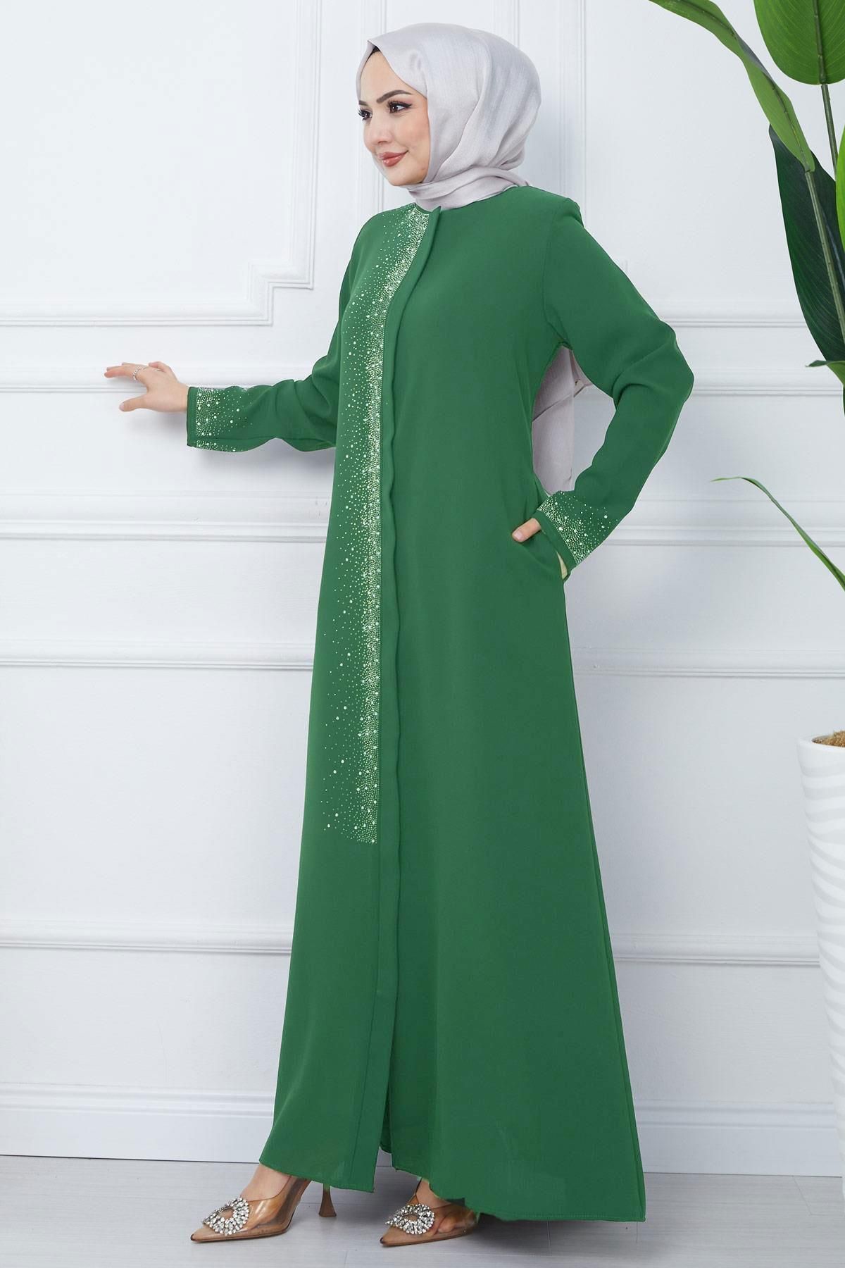 hafsamina-Plus Size Green Ferace - Luminous Stone Detail Hm2351 4