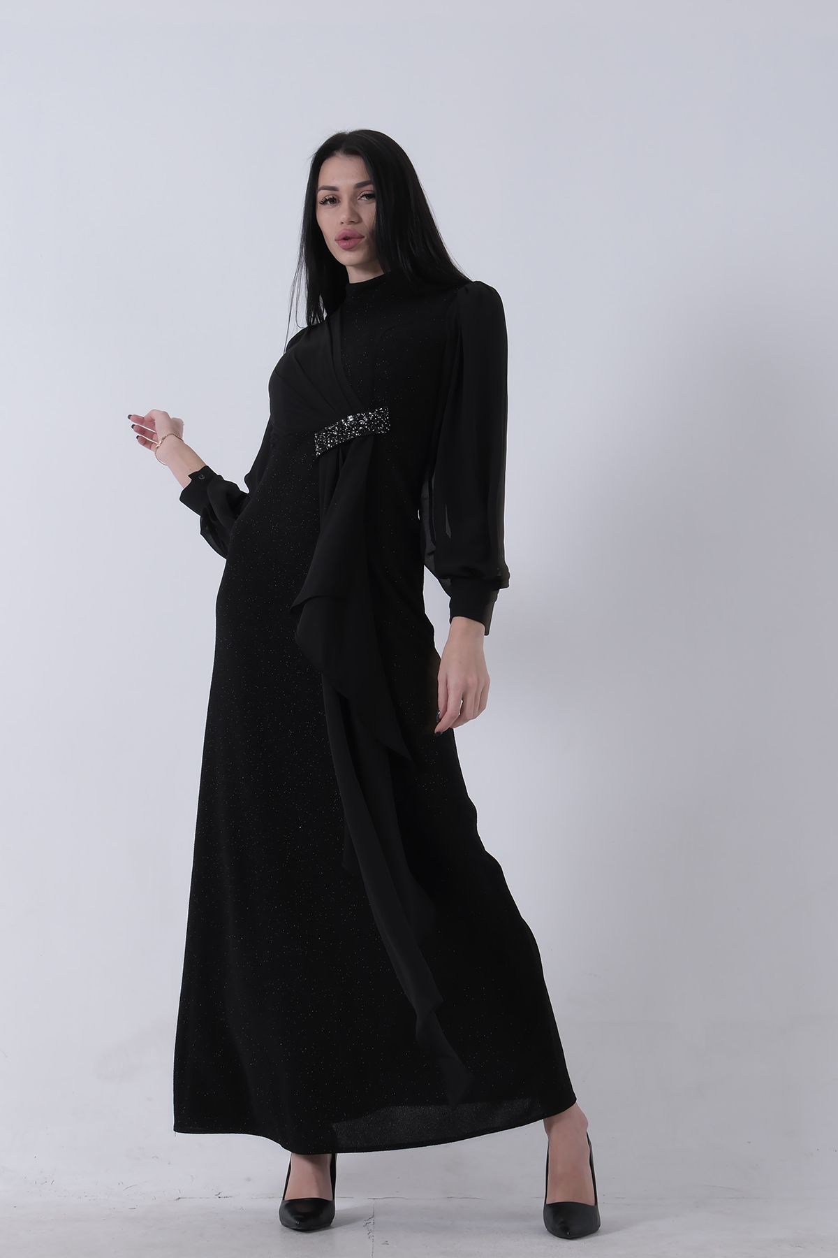 Feminist-Crew Neck Waist Stone Detailed Hijab Evening Dress Black 08061281 6