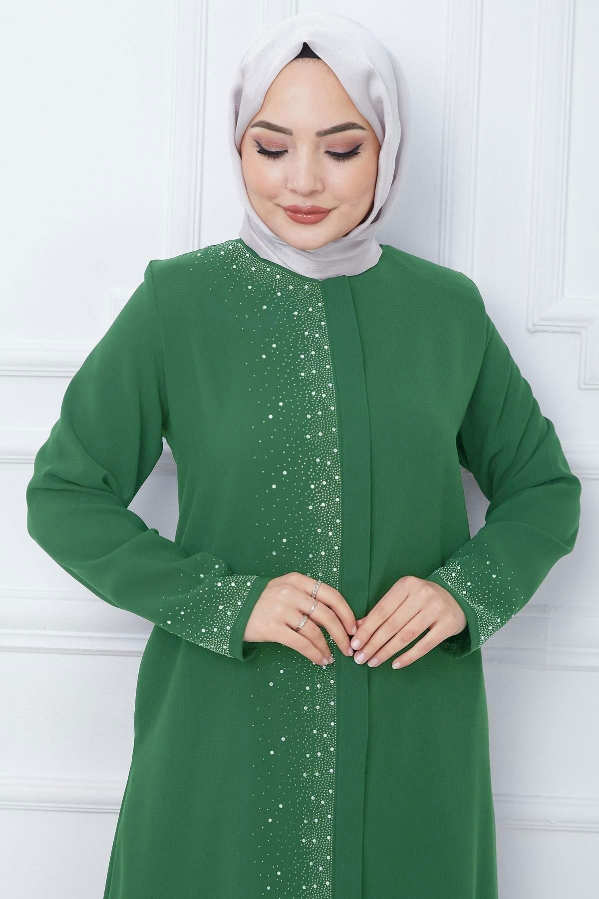 hafsamina-Plus Size Green Ferace - Luminous Stone Detail Hm2351 5