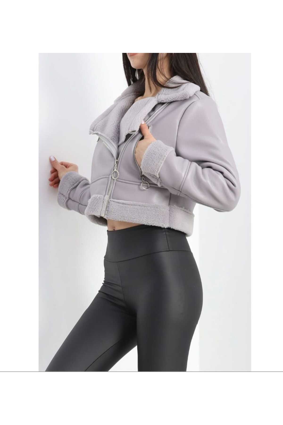 Pelin-Gray Leather Jacket with Fur Inside 4