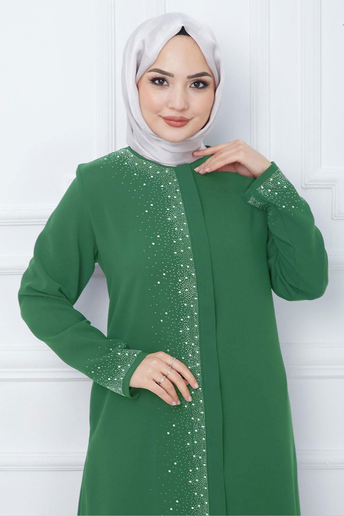 hafsamina-Plus Size Green Ferace - Luminous Stone Detail Hm2351 3