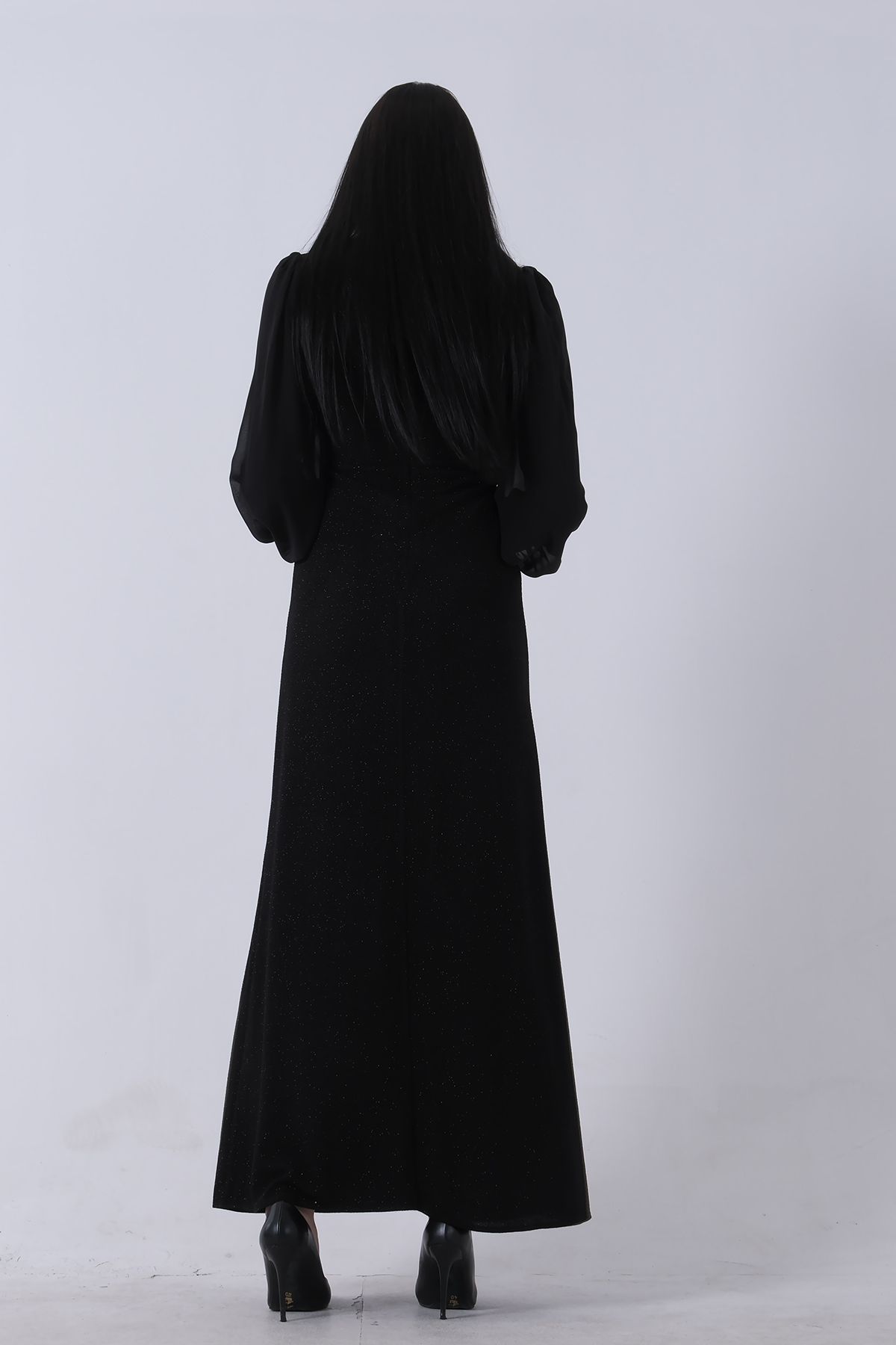 Feminist-Crew Neck Waist Stone Detailed Hijab Evening Dress Black 08061281 5