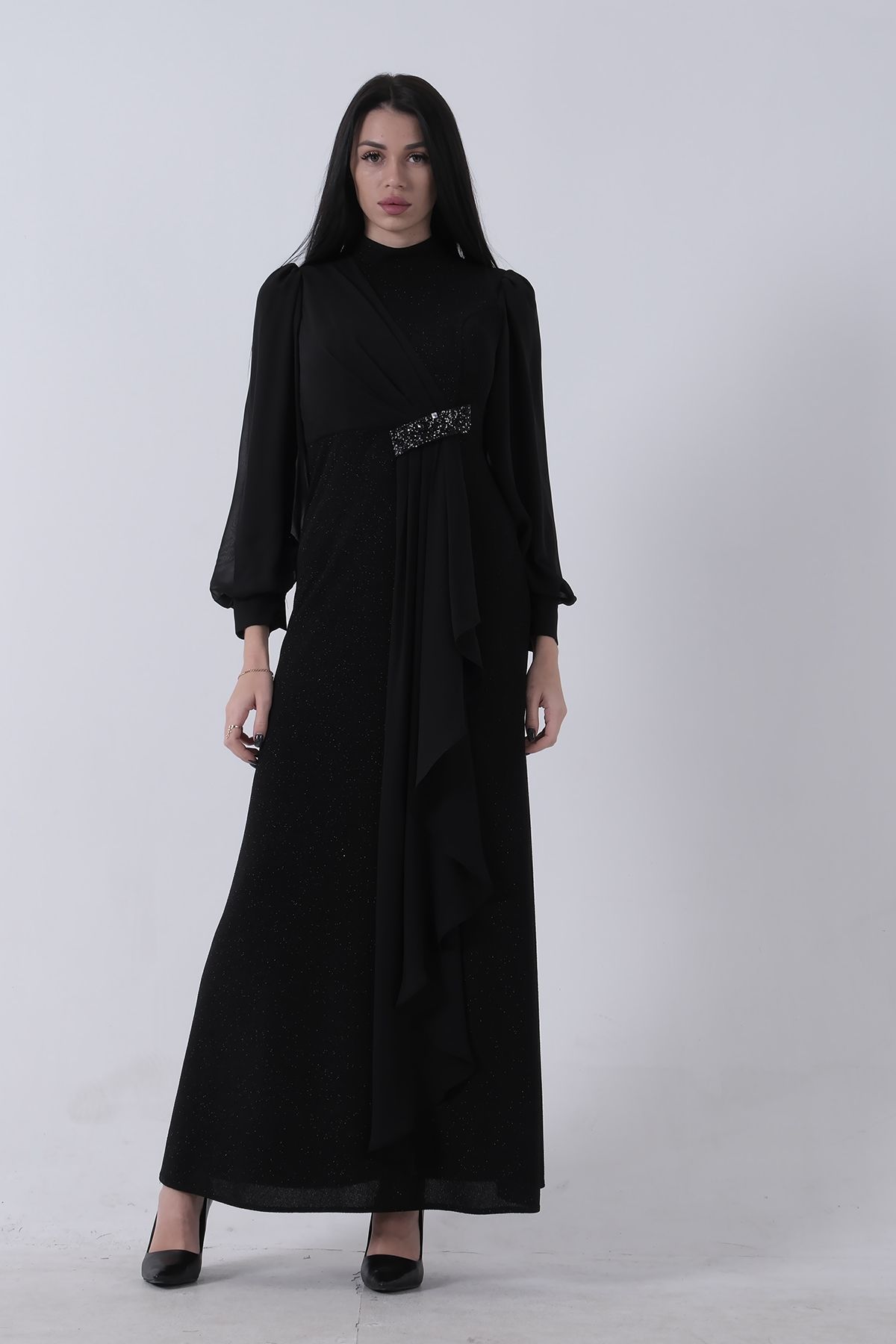 Feminist-Crew Neck Waist Stone Detailed Hijab Evening Dress Black 08061281 1