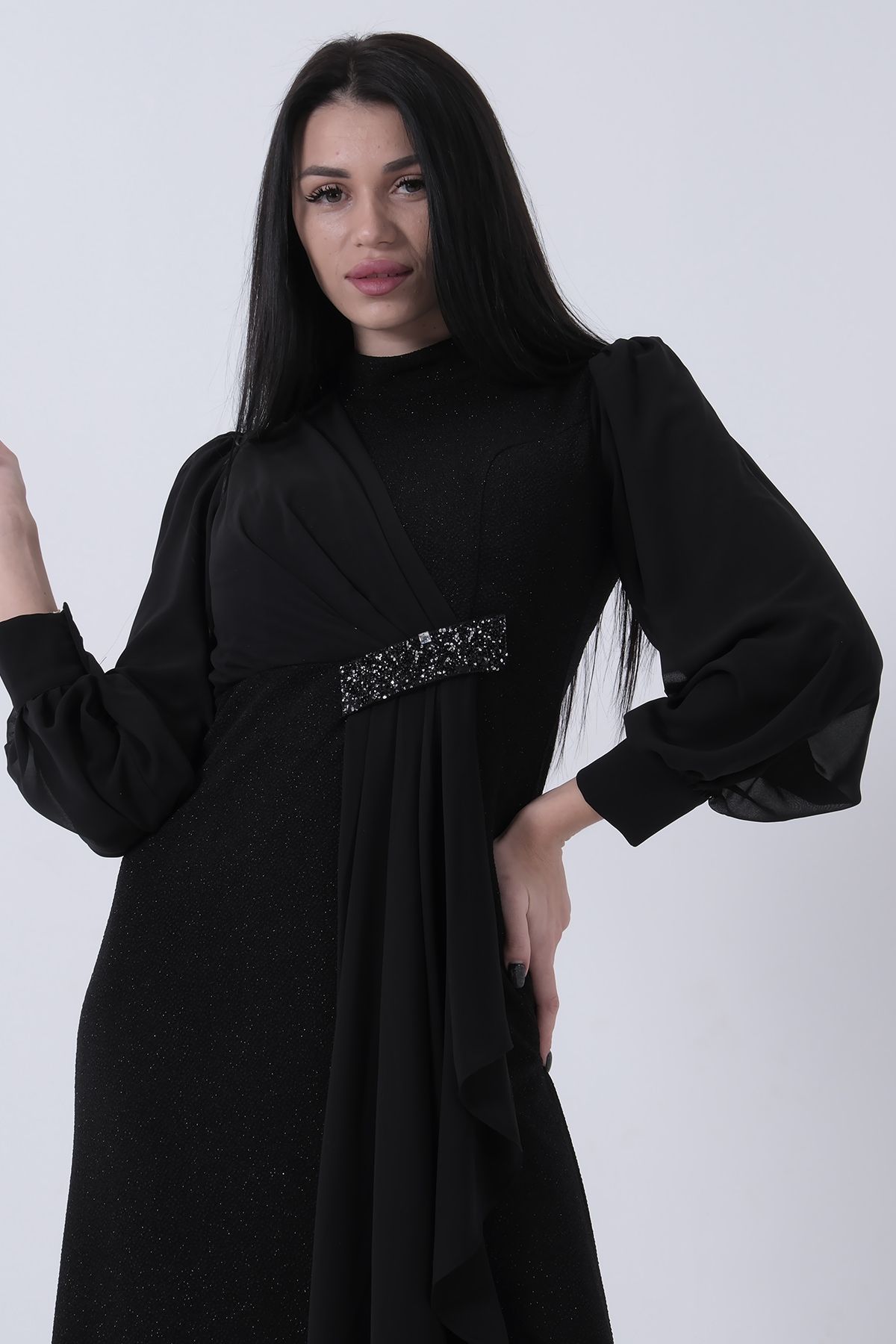 Feminist-Crew Neck Waist Stone Detailed Hijab Evening Dress Black 08061281 7