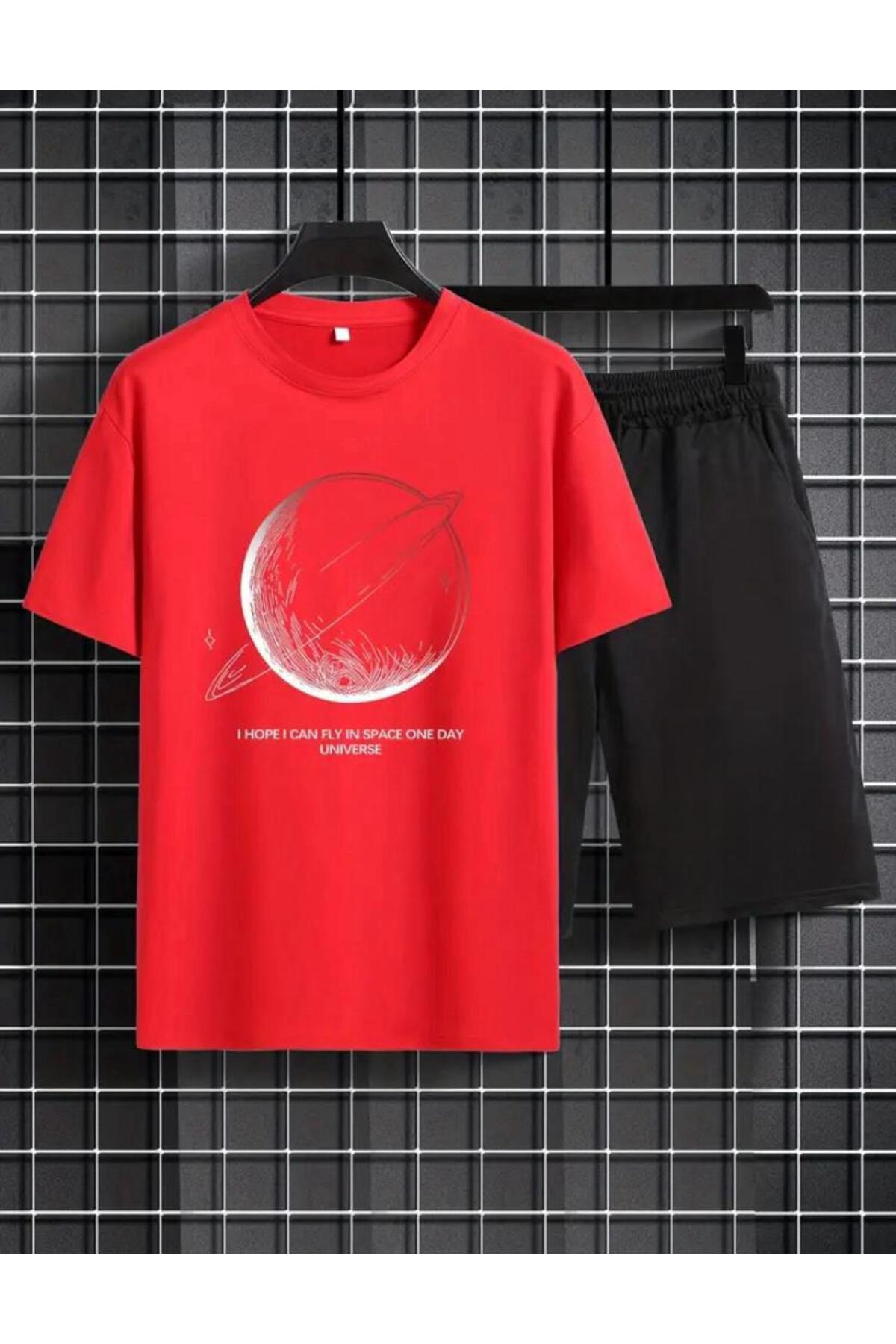 Saturn Printed T-shirt with Ring Short Wide Leg Comfortable Fit Black Bottom Red Top Short Set