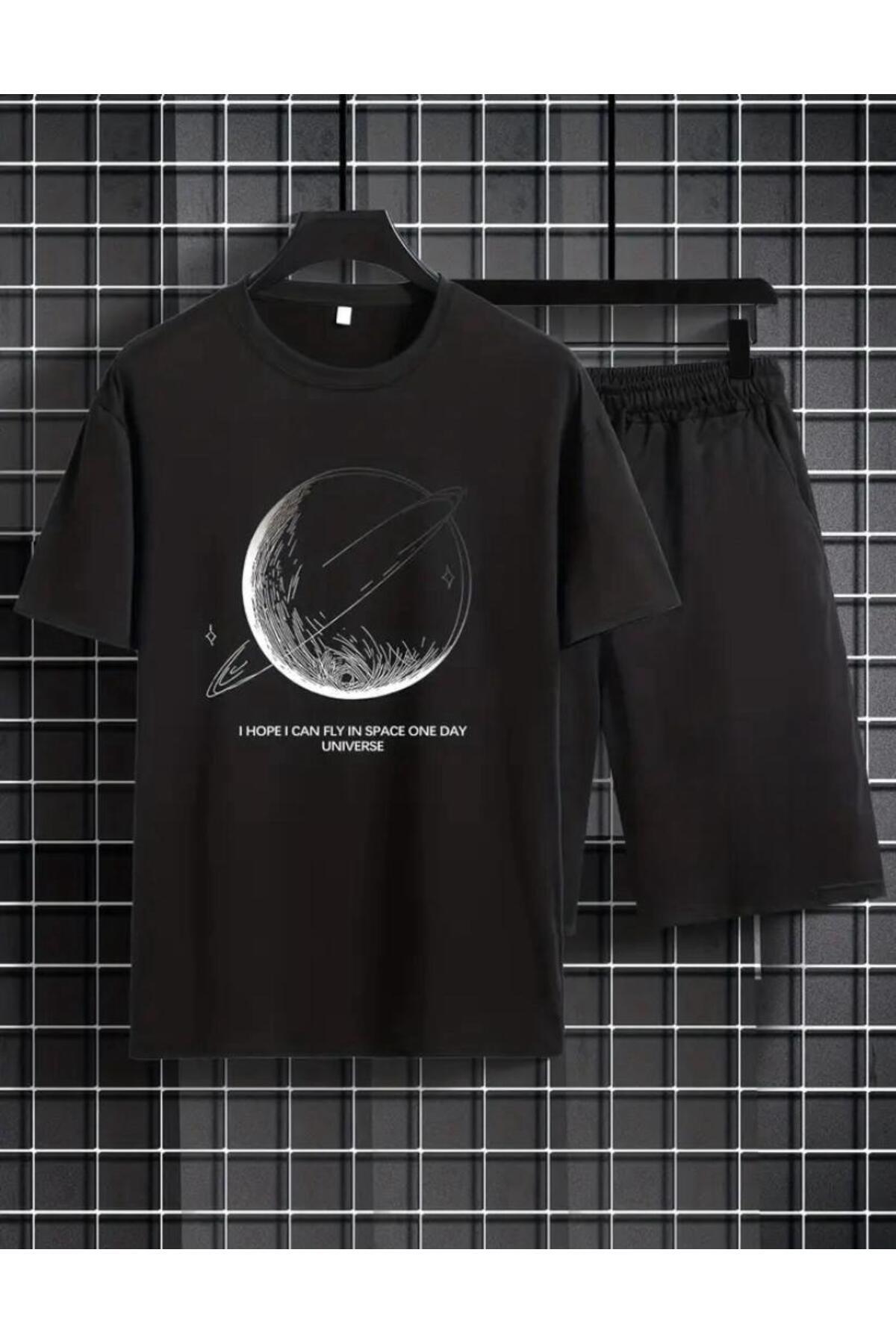 Saturn Printed T-shirt with Ring Short Wide Leg Comfortable Fit Black Bottom Black Top Short Set