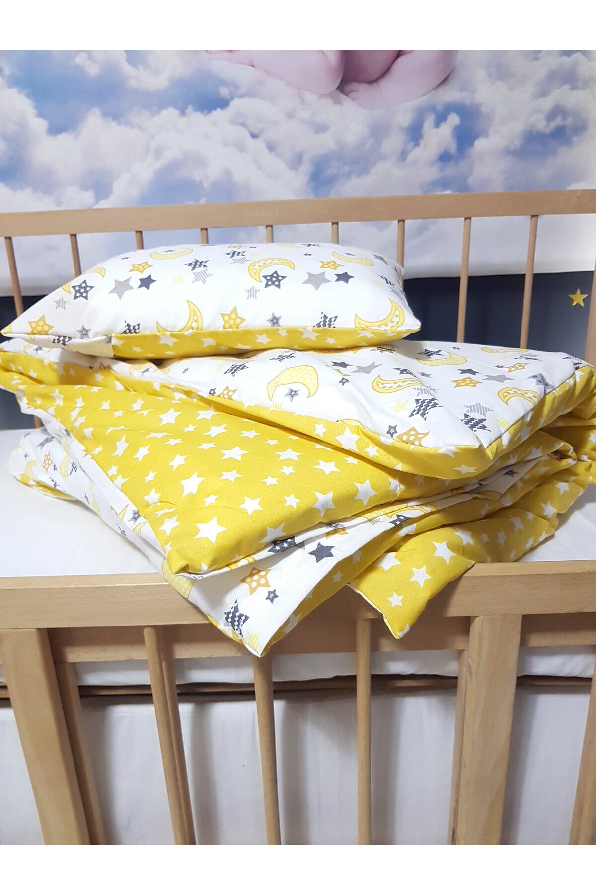 bebek_iklimi 5 Parça 90x130 Bebek Uyku Seti - Ay Yıldız Sarı Yorgan Yastık Çarşaf Seti fotoğrafı 7 (önizleme)